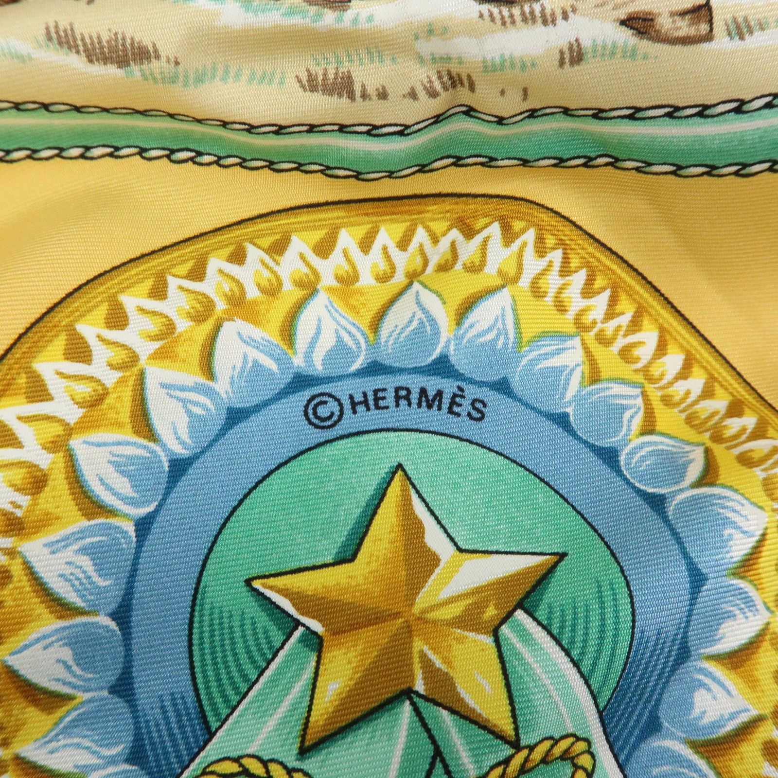 HERMES Carre 90 Silk 100% Scarf CHEVAUX DE TRAIT Light Blue Yellow