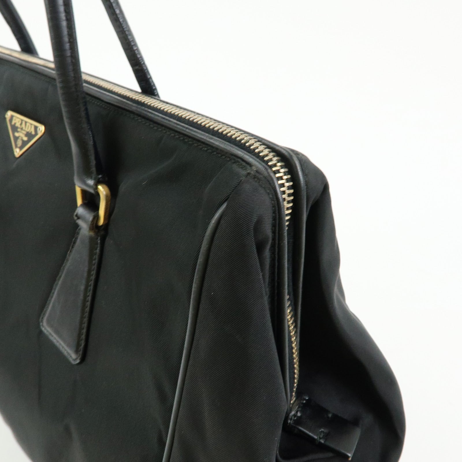 PRADA Triangle Logo Nylon Leather Hand Bag Tote Shoulder Bag Black