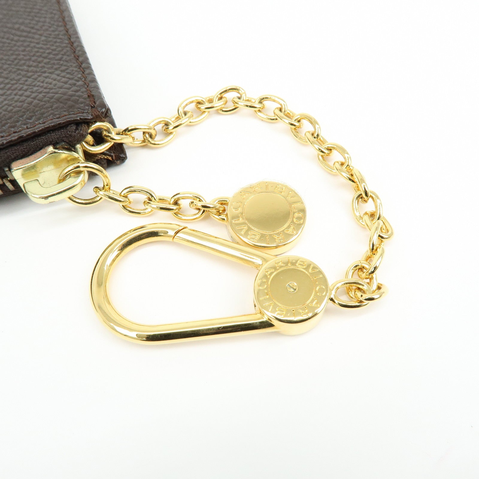 BVLGARI Leather Coin Case Coin Purse Key Chain Dark Brown