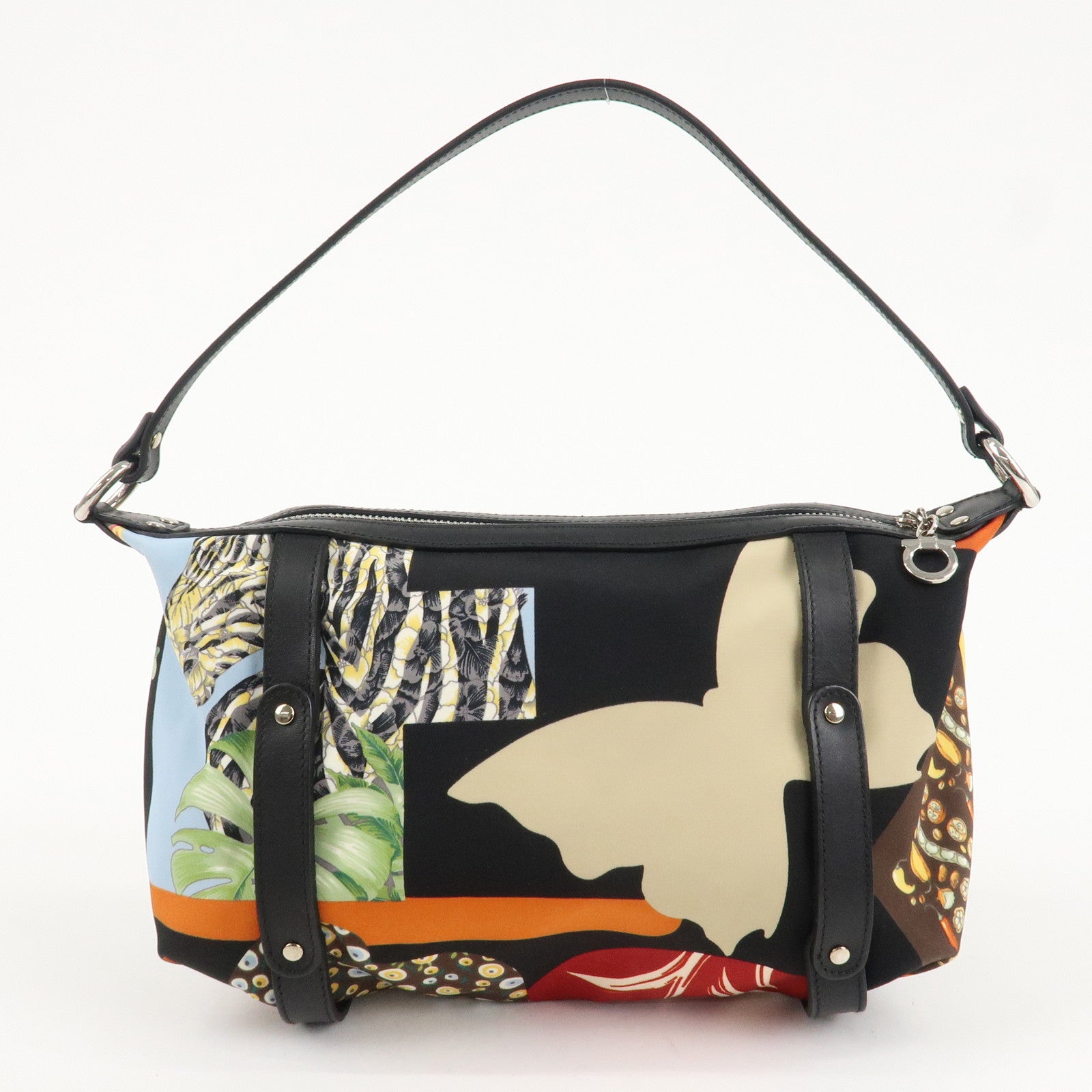Ferragamo Nylon Leather Mini Hand Bag Pouch Multicolor Black Used