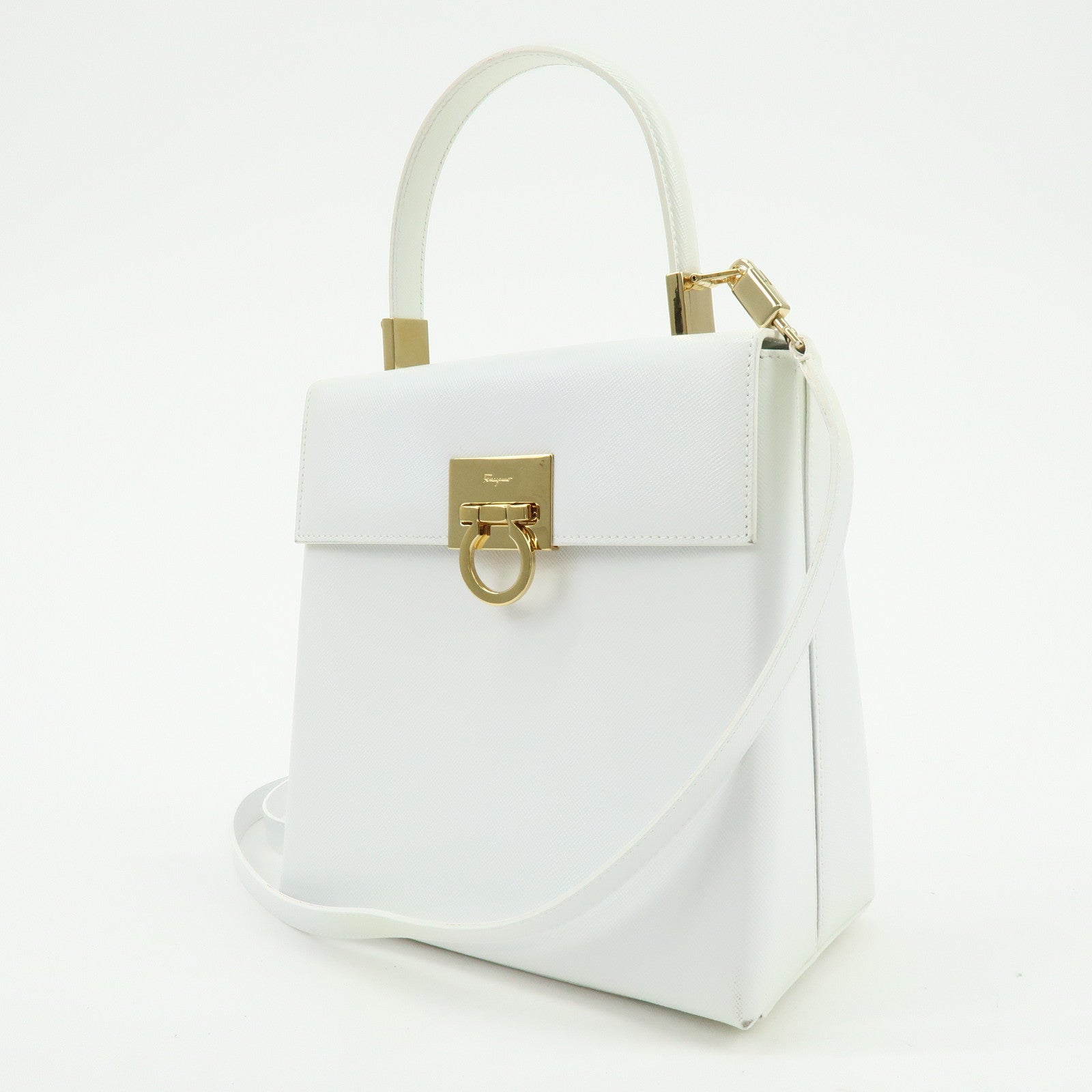 Ferragamo Gancini Leather 2Way Bag Hand Bag Shoulder Bag White