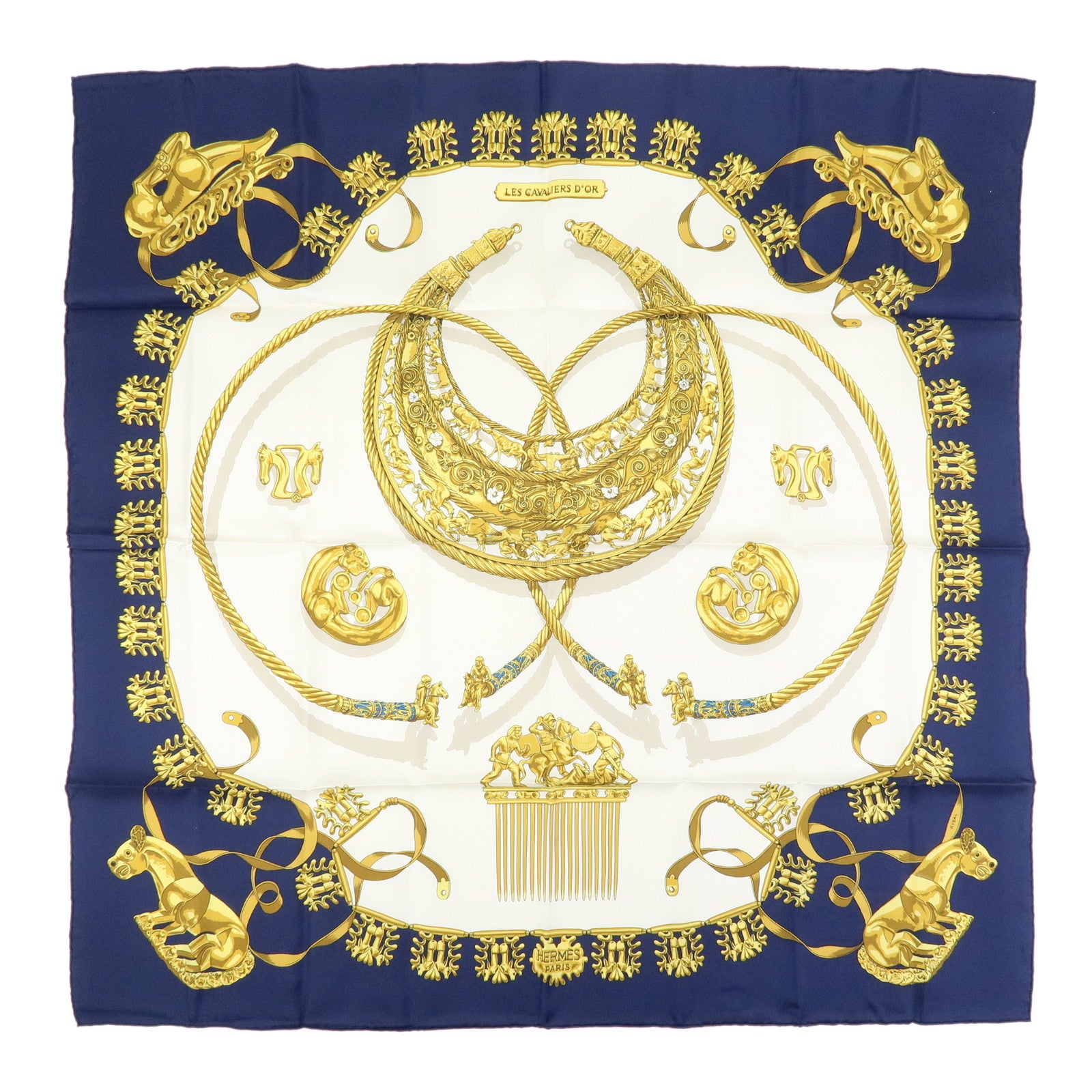 HERMES Carre 90 Silk 100% Scarf LES CAVALIERS D'OR Navy White