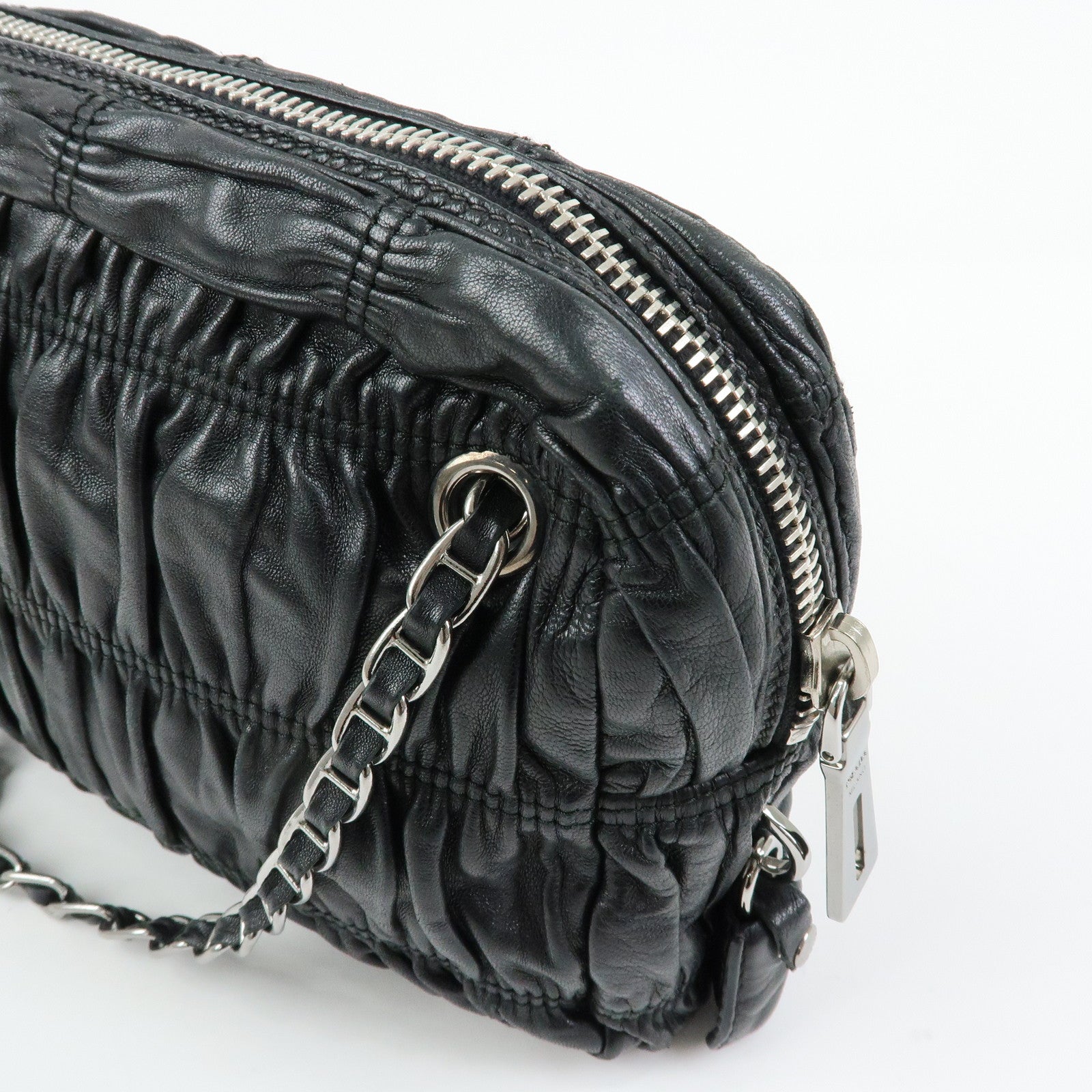 PRADA Logo Nappa Leather Gathered Chain Shoulder Bag Black