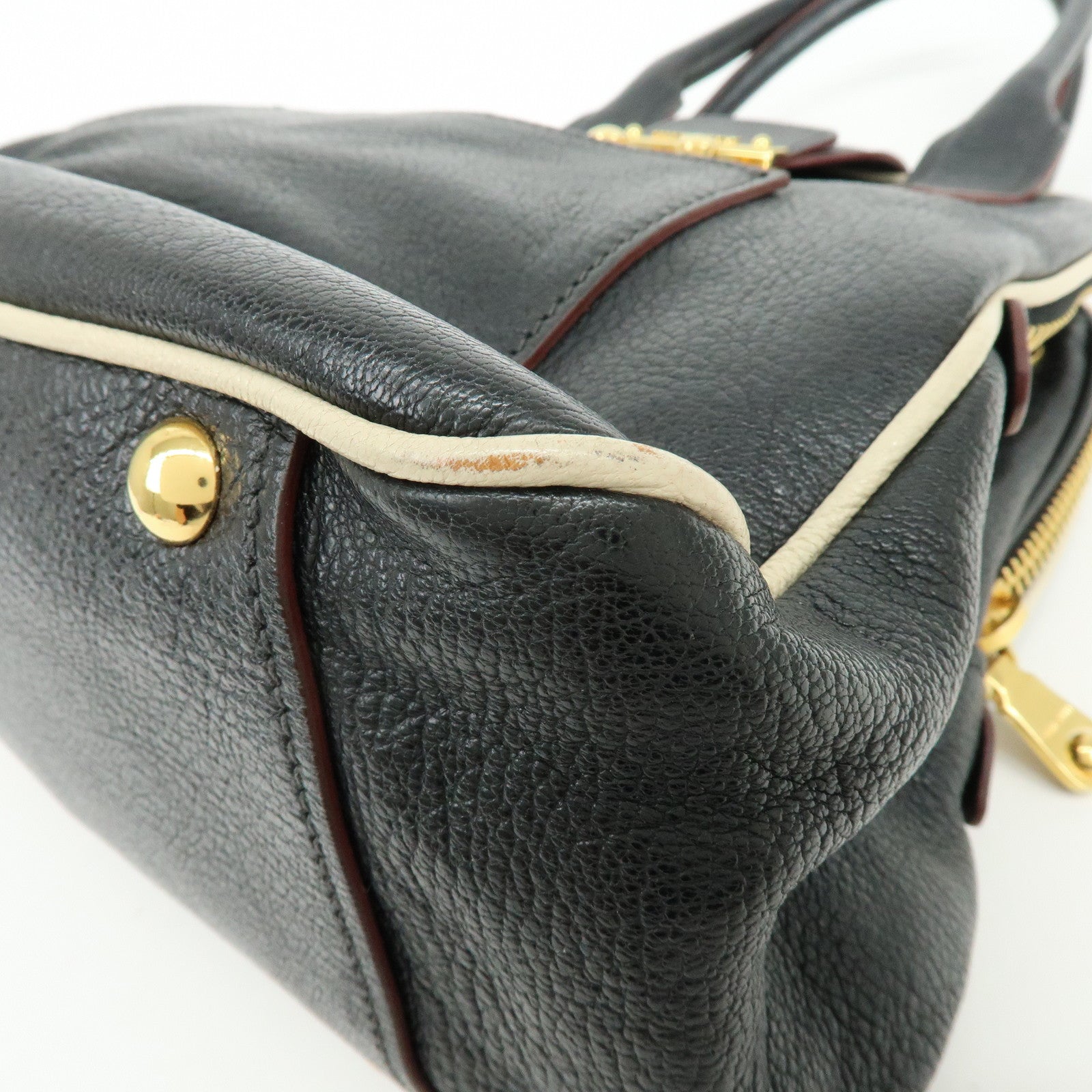 MIU MIU Logo Madras Leather 2Way Bag Hand Bag Shoulder Bag Black