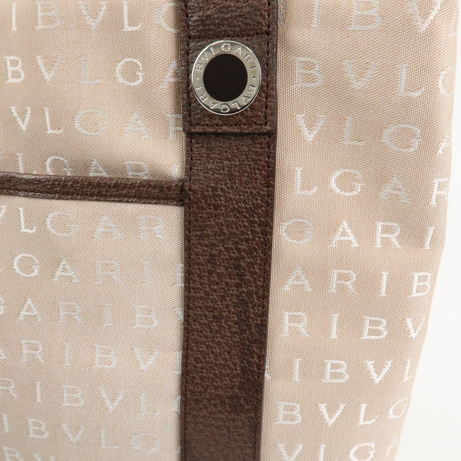 BVLGARI Logo Mania Canvas Leather Tote Bag Beige Dark Brown Silver HDW Used