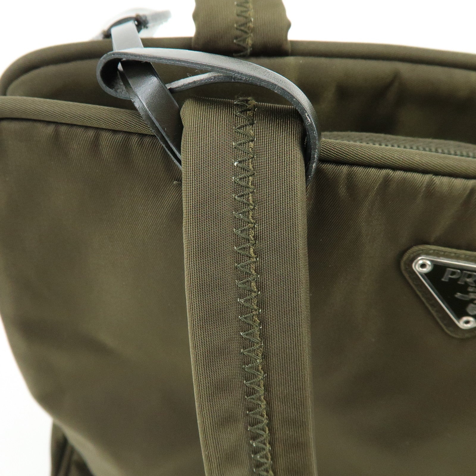 PRADA Triangle Logo Nylon Leather Tote Bag Hand Bag Khaki