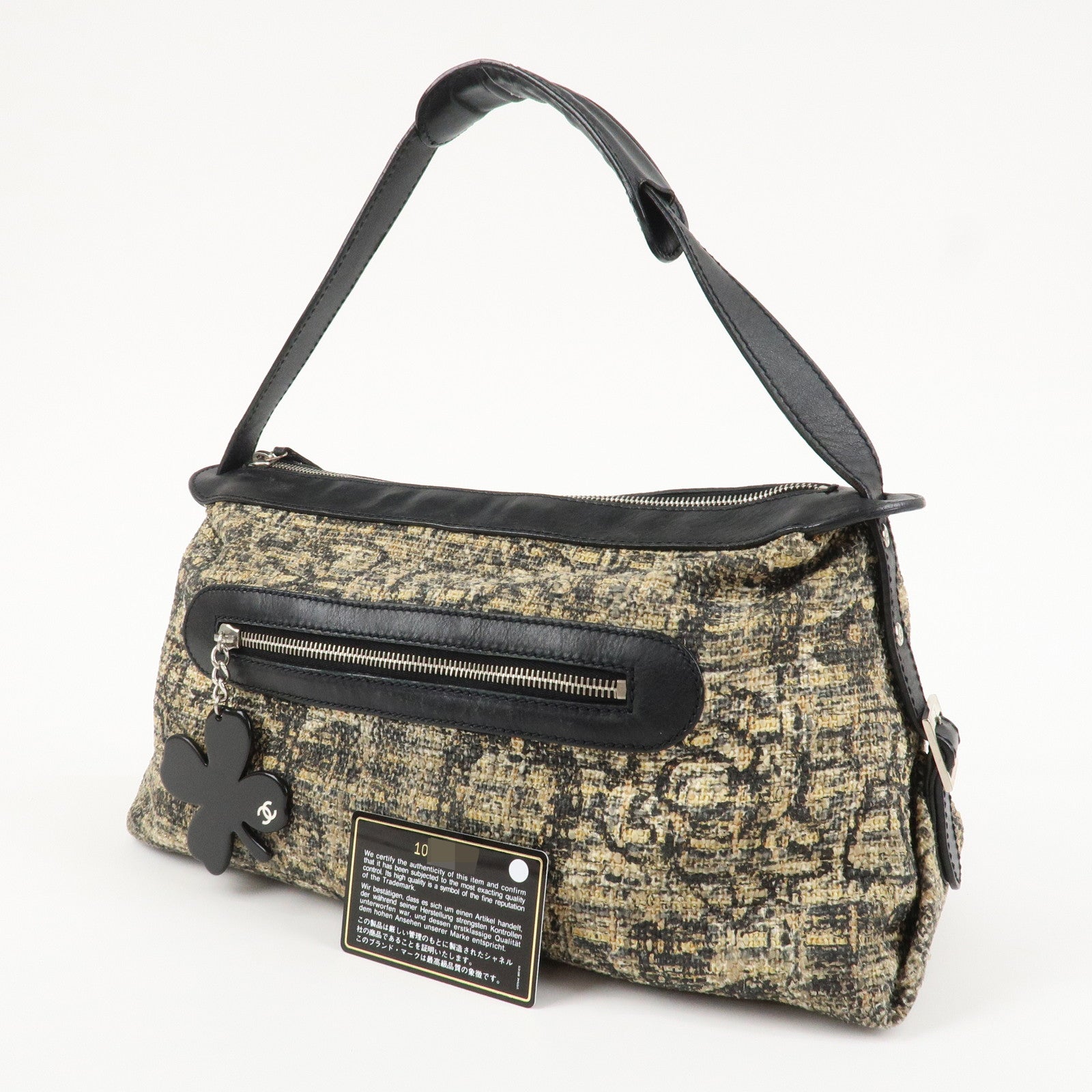 CHANEL COCO Mark Lamb Skin Tweed Shoulder Bag Hand Bag Black Silver HDW Used