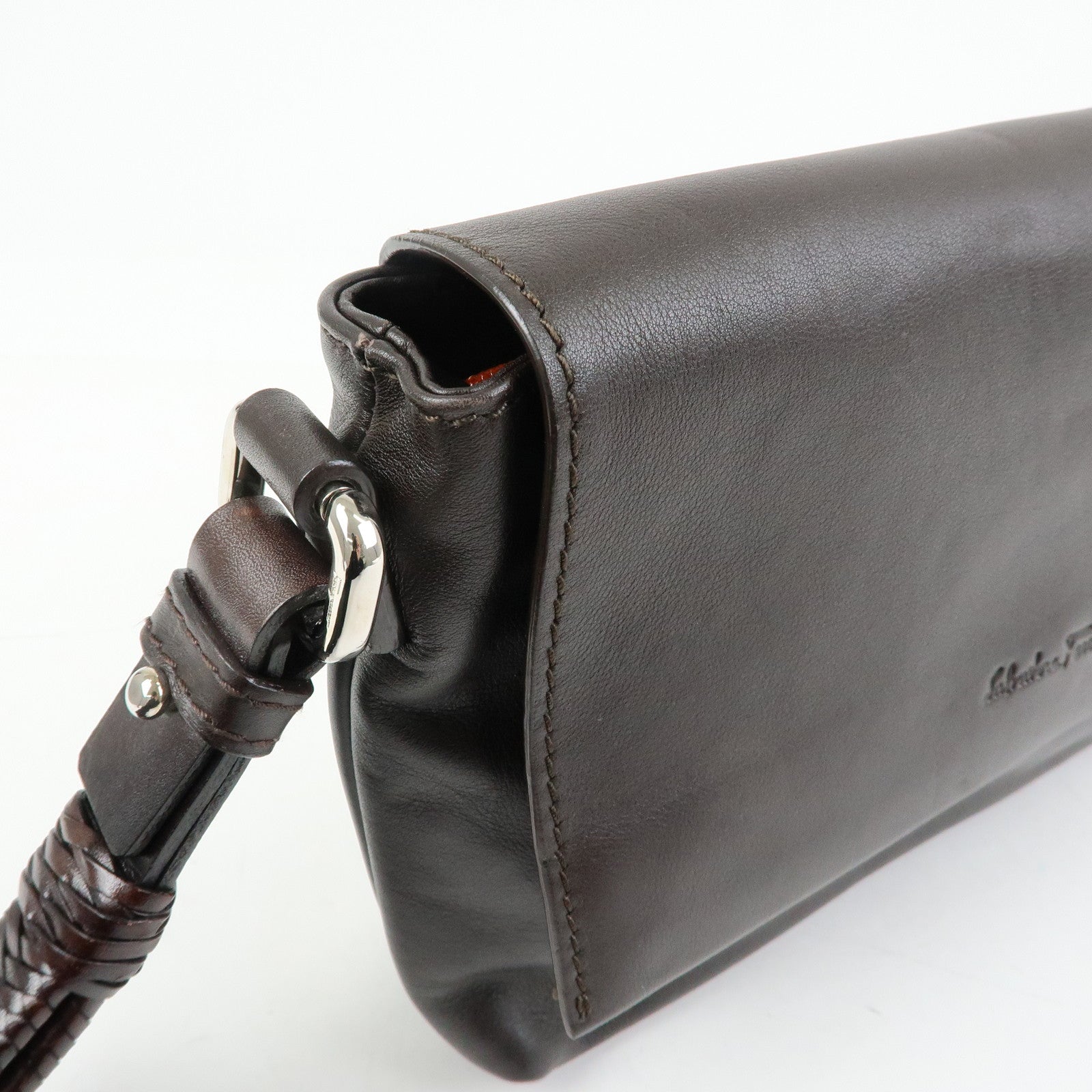 Ferragamo Leather Clutch Bag Second Bag Wrist Strap Brown