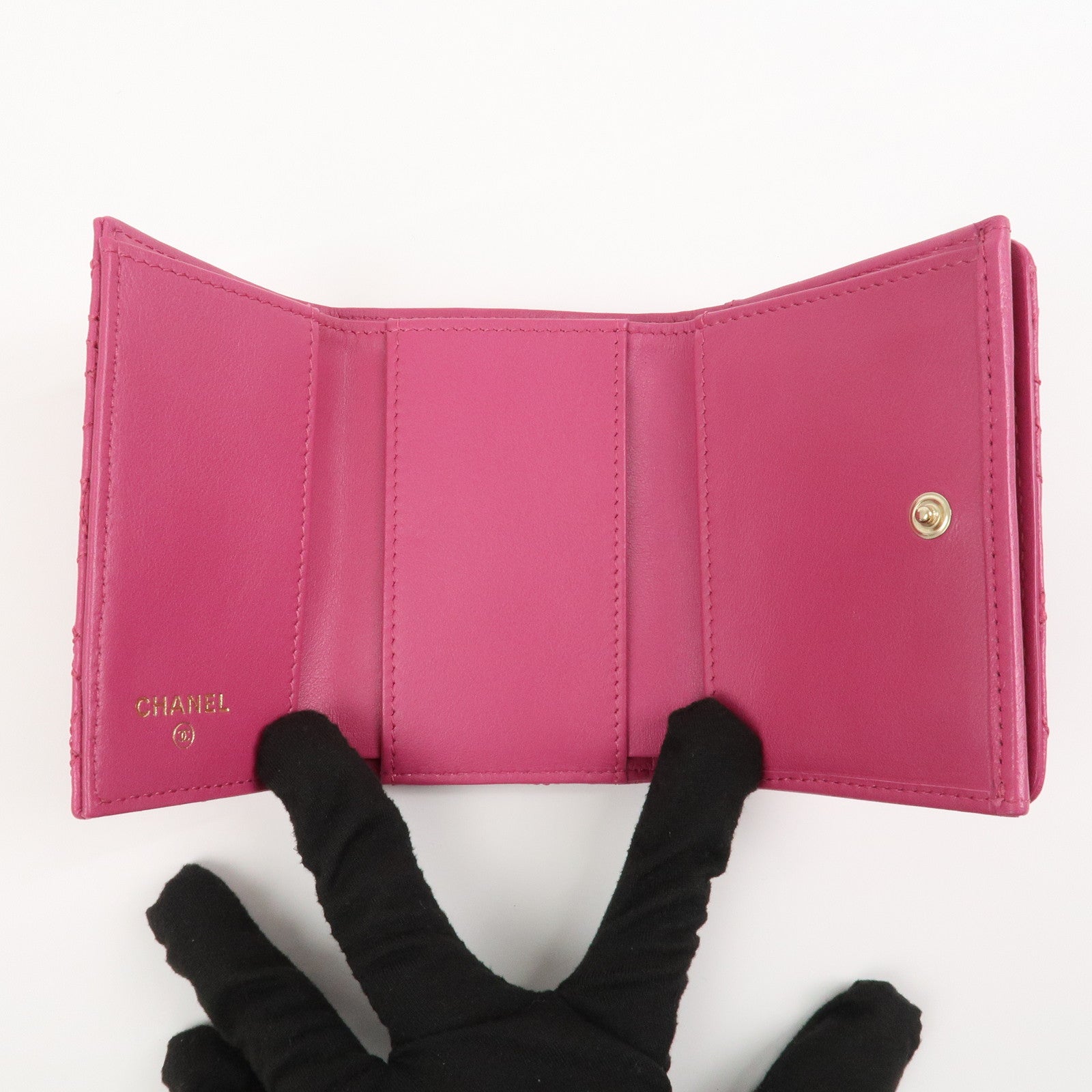 CHANEL COCO Mark Lamb Skin Tri-fold Compact Wallet Pink