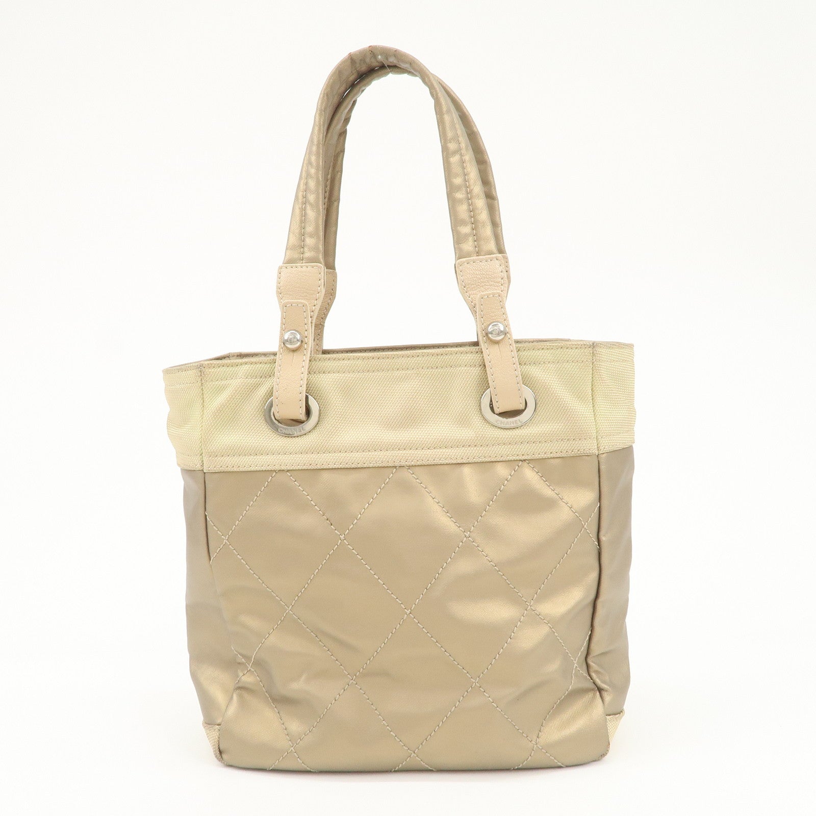 CHANEL Paris Biarritz PVC Canvas Leather Tote Bag PM A34208 Used