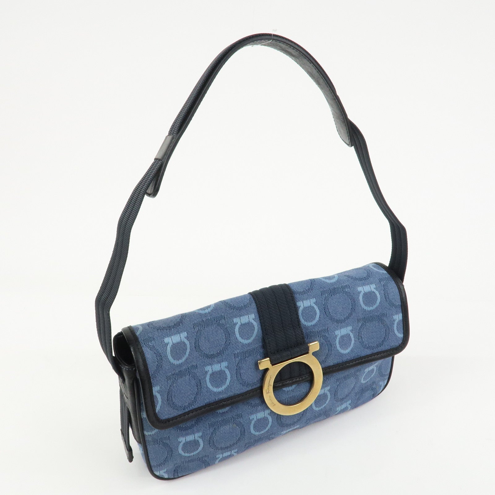 Ferragamo Gancini Canvas Leather Shoulder Bag Blue Black