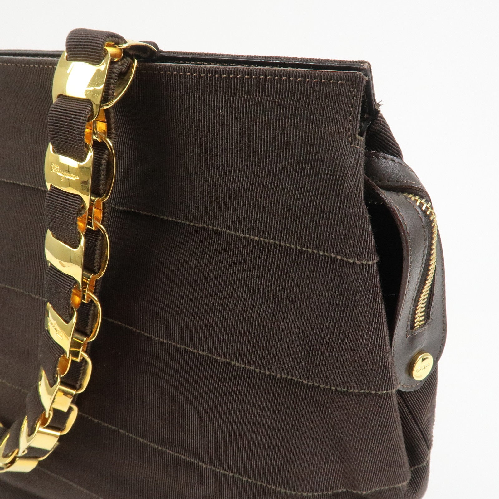 Ferragamo Vara Canvas Leather Shoulder Bag Tote Bag Brown