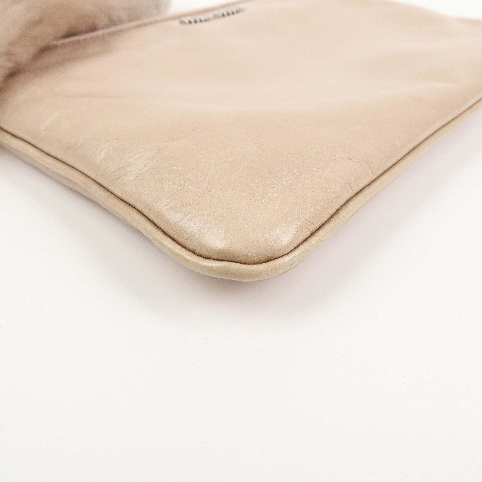 MIU MIU Leather Fur Clutch Bag Pouch Pink Beige 5NH811