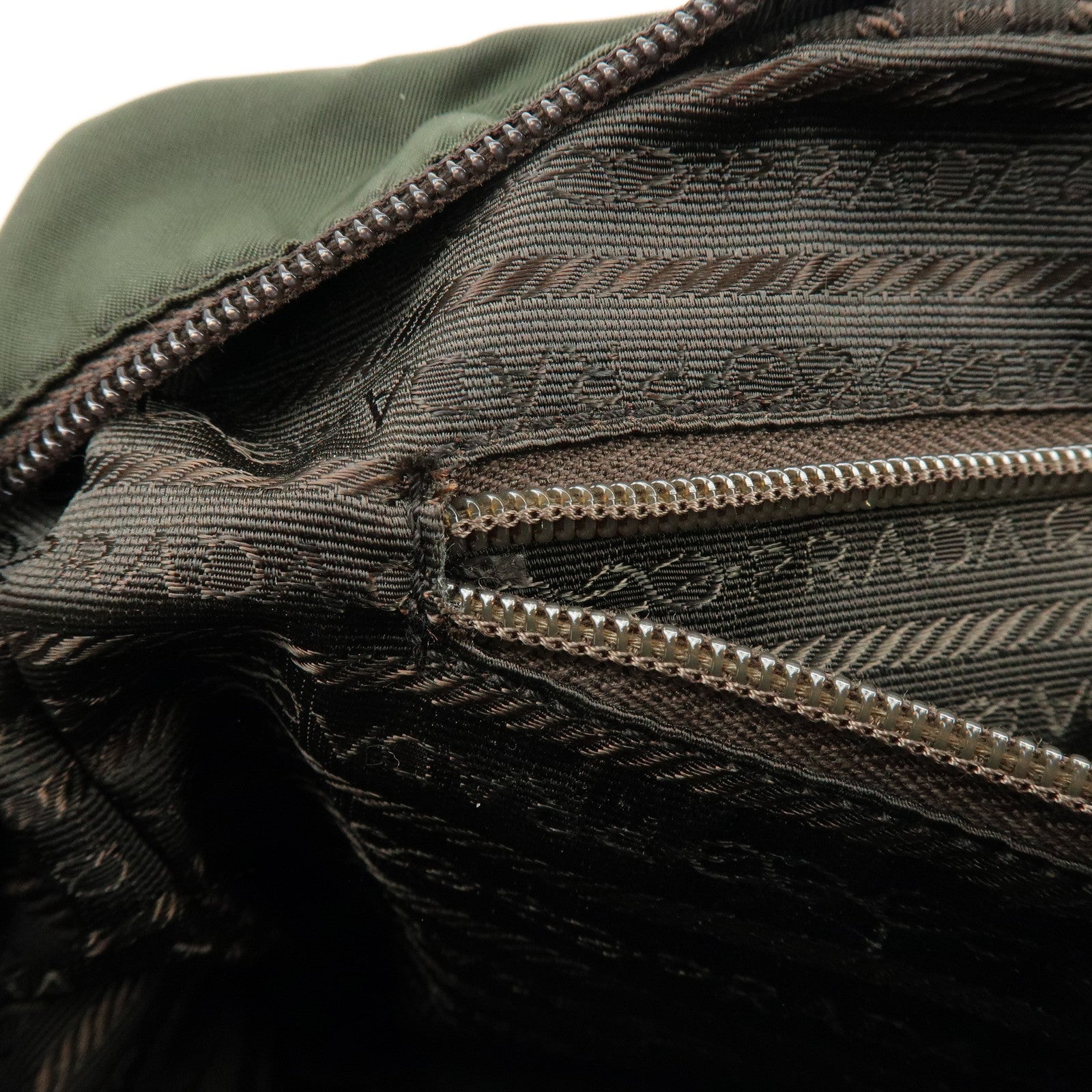 PRADA Triangle Logo Nylon Leather Hand Bag Tote Boston Bag Khaki