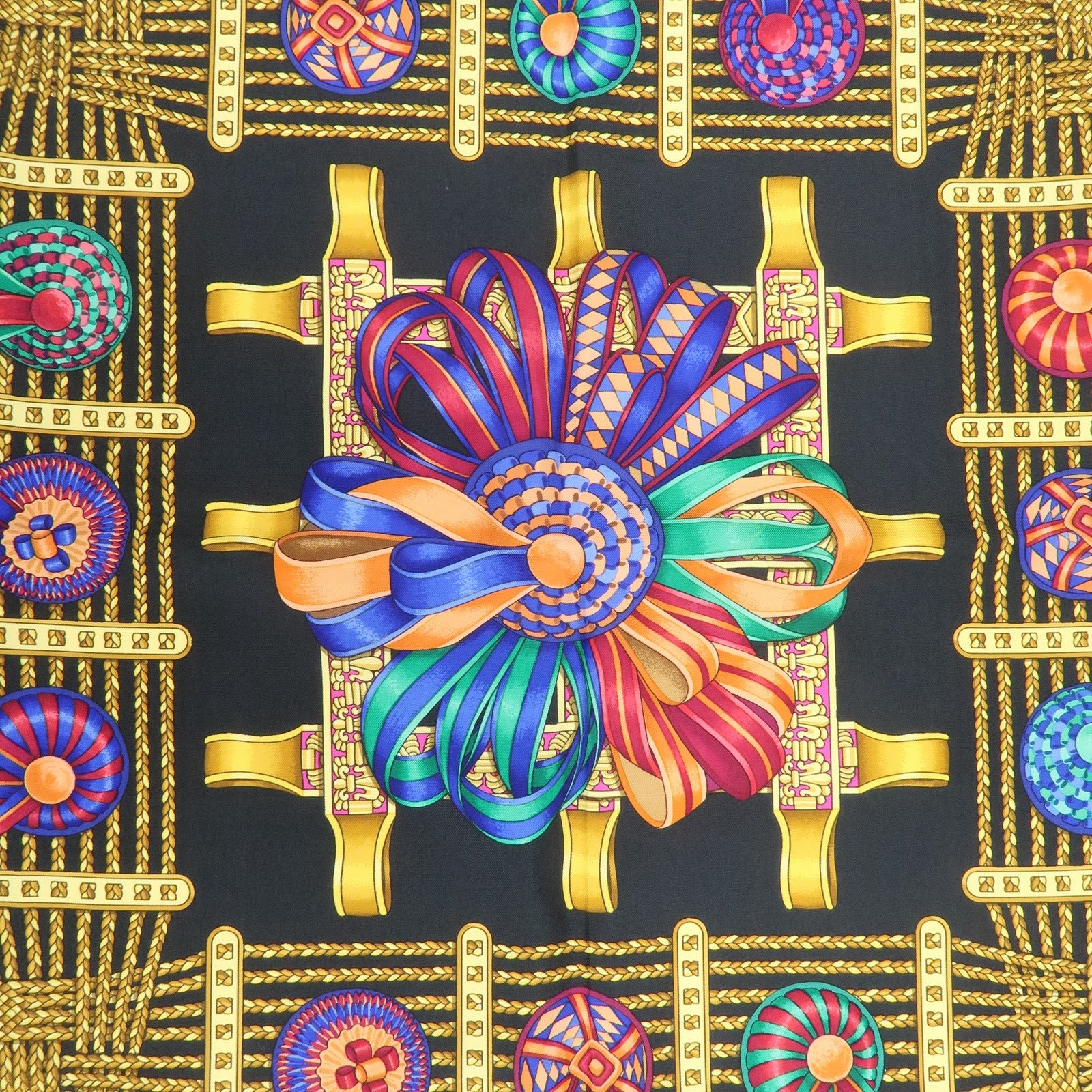 HERMES Carre 90 Silk 100% LES RUBANS DU CHEVAL Scarf Black