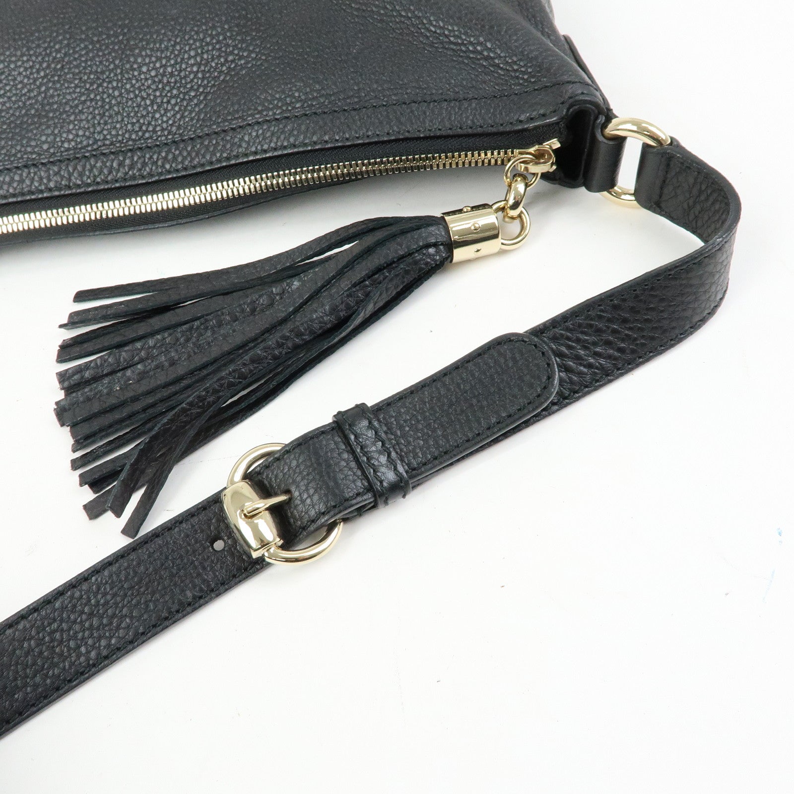 GUCCI Interlocking G Leather Shoulder Bag Fringe Black 295175