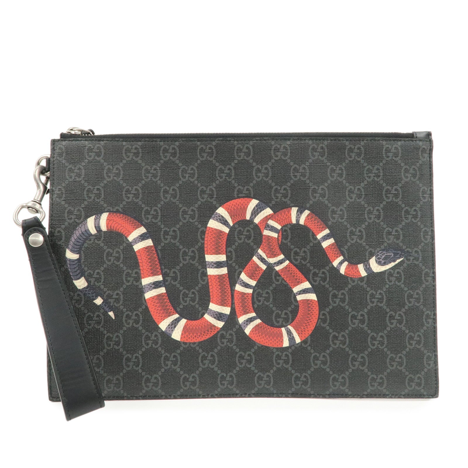 GUCCI Leather GG Supreme King Snake Clutch Bag Black Gray 473904 Used