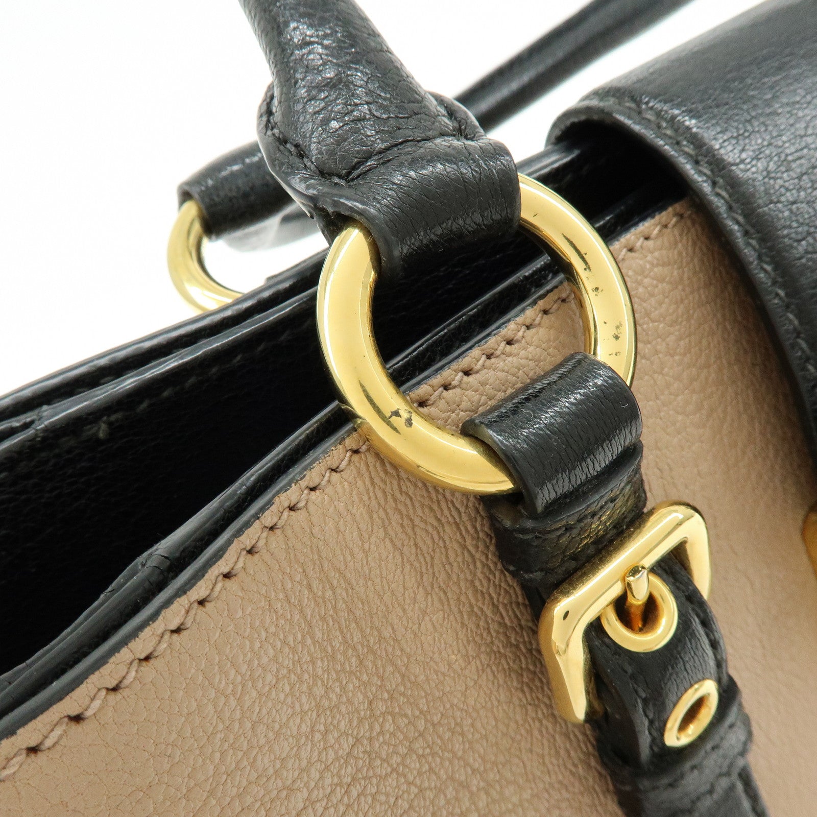 MIU MIU Madras Leather 2Way Hand Bag Bi-color Beige Black RN0799