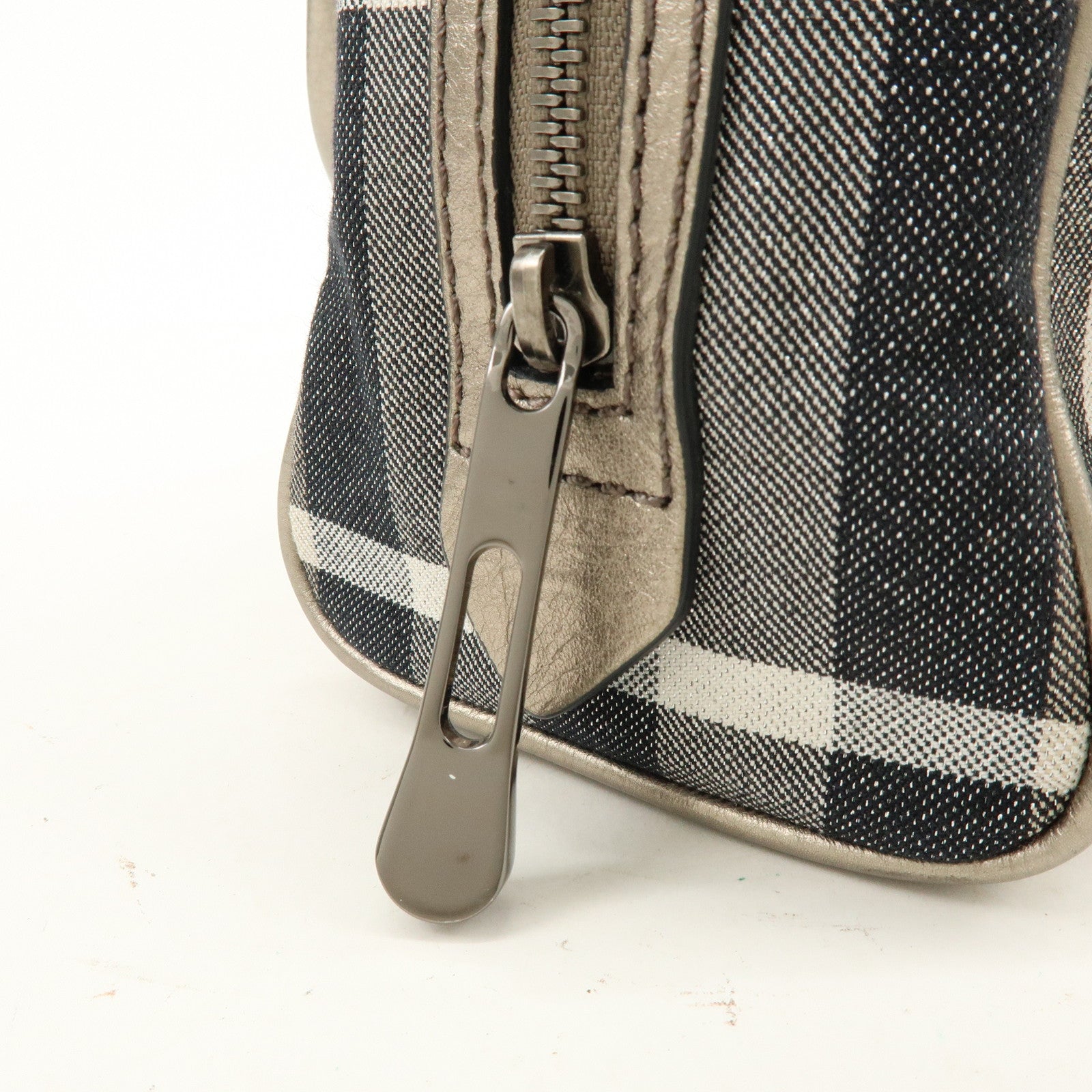 BURBERRY Plaid Canvas Leather Hand Bag Gray Champagne Gold
