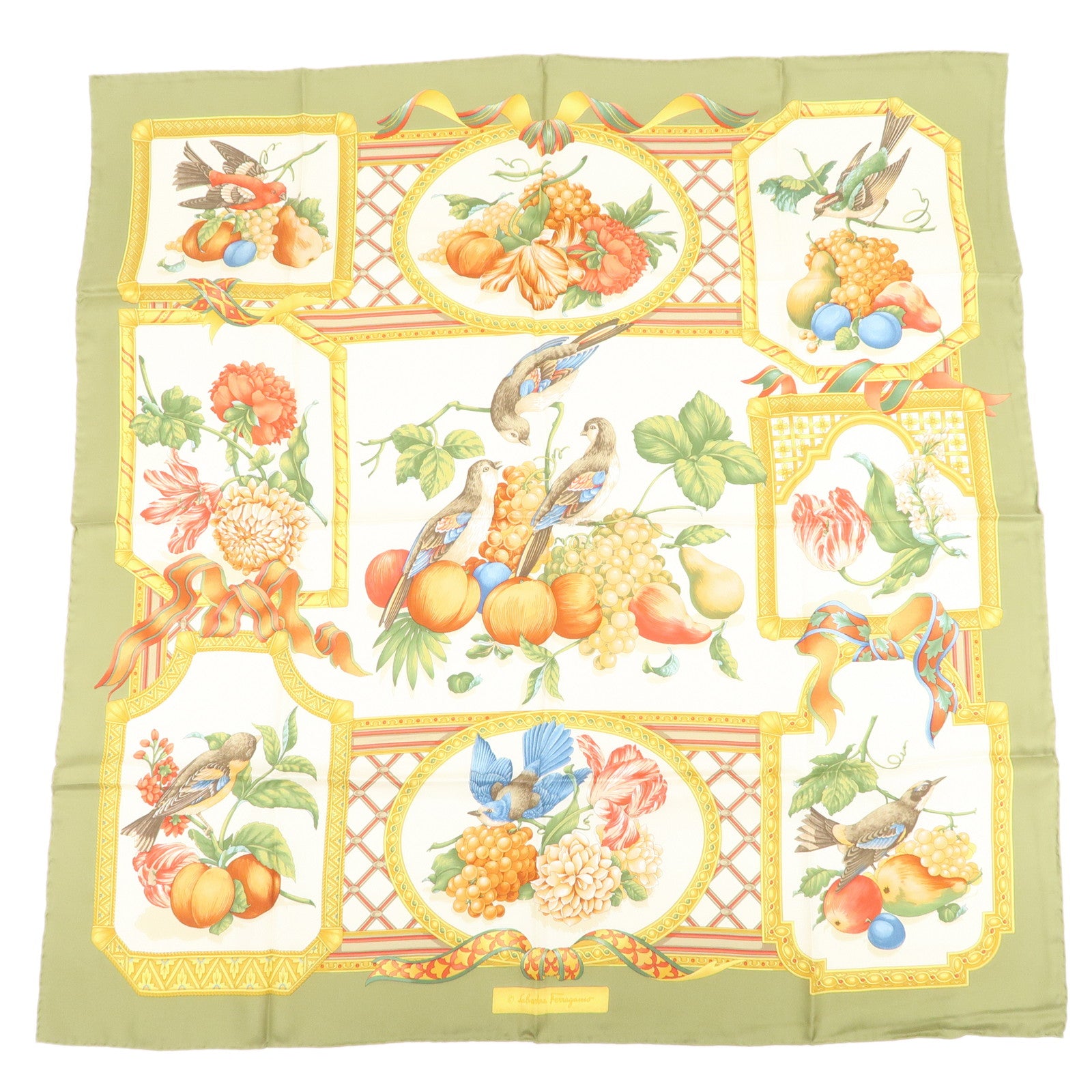 Ferragamo Flower Fruit Motif Silk 100% Scarf Ivory Green Orange