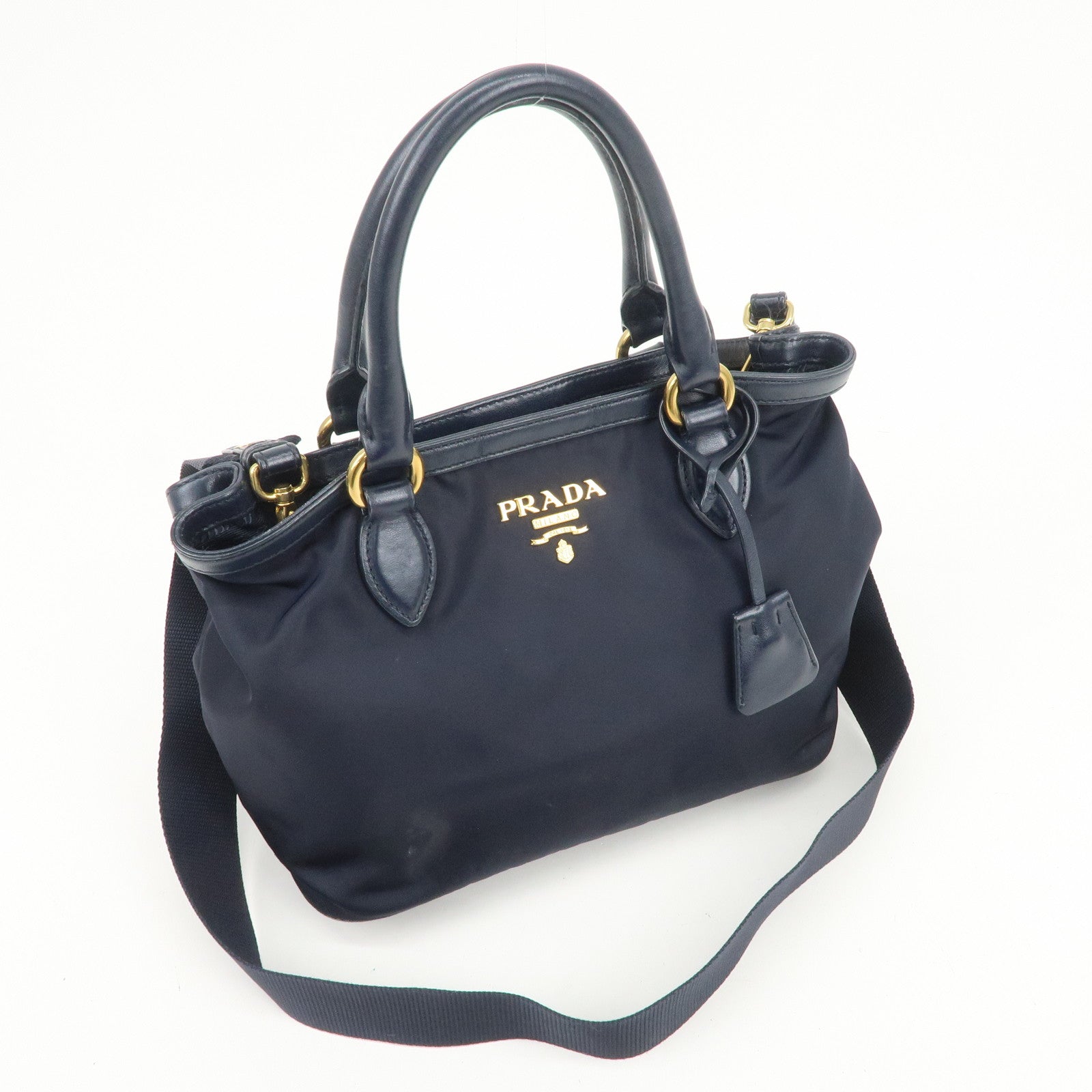 PRADA Logo Nylon 2Way Bag Hand Bag Shoulder Bag Navy 1BA172