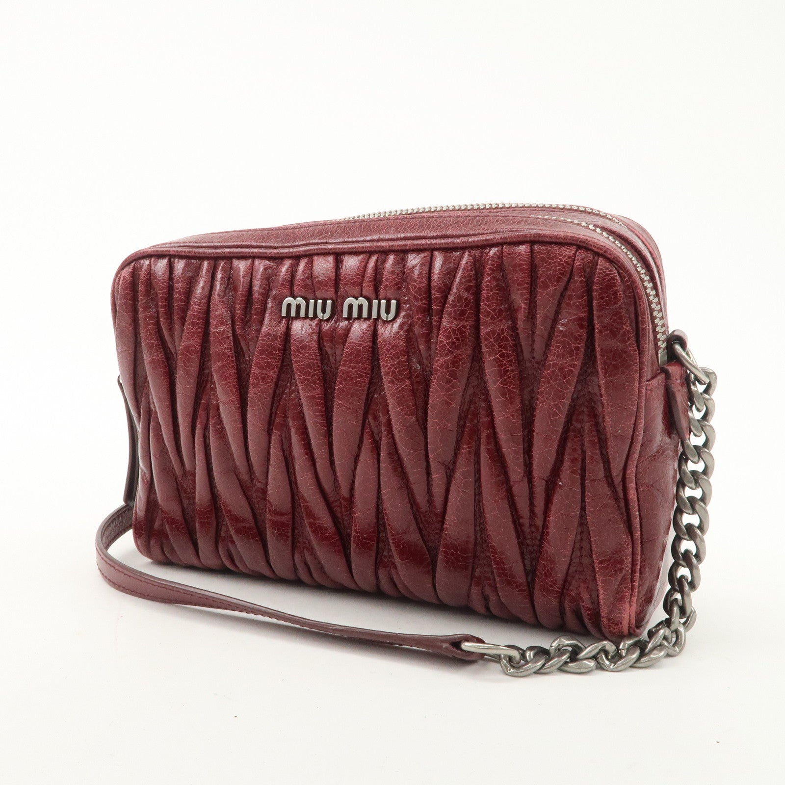 MIUMIU Matelasse Leather Shoulder Bag Burgundy Silver Hardware Used