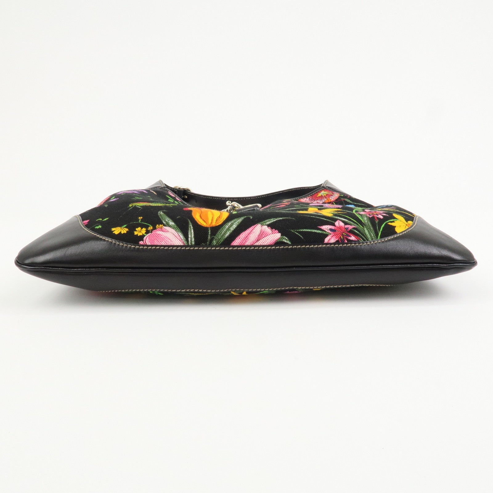 GUCCI Canvas Leather Shoulder Bag Flower Print Black 153029