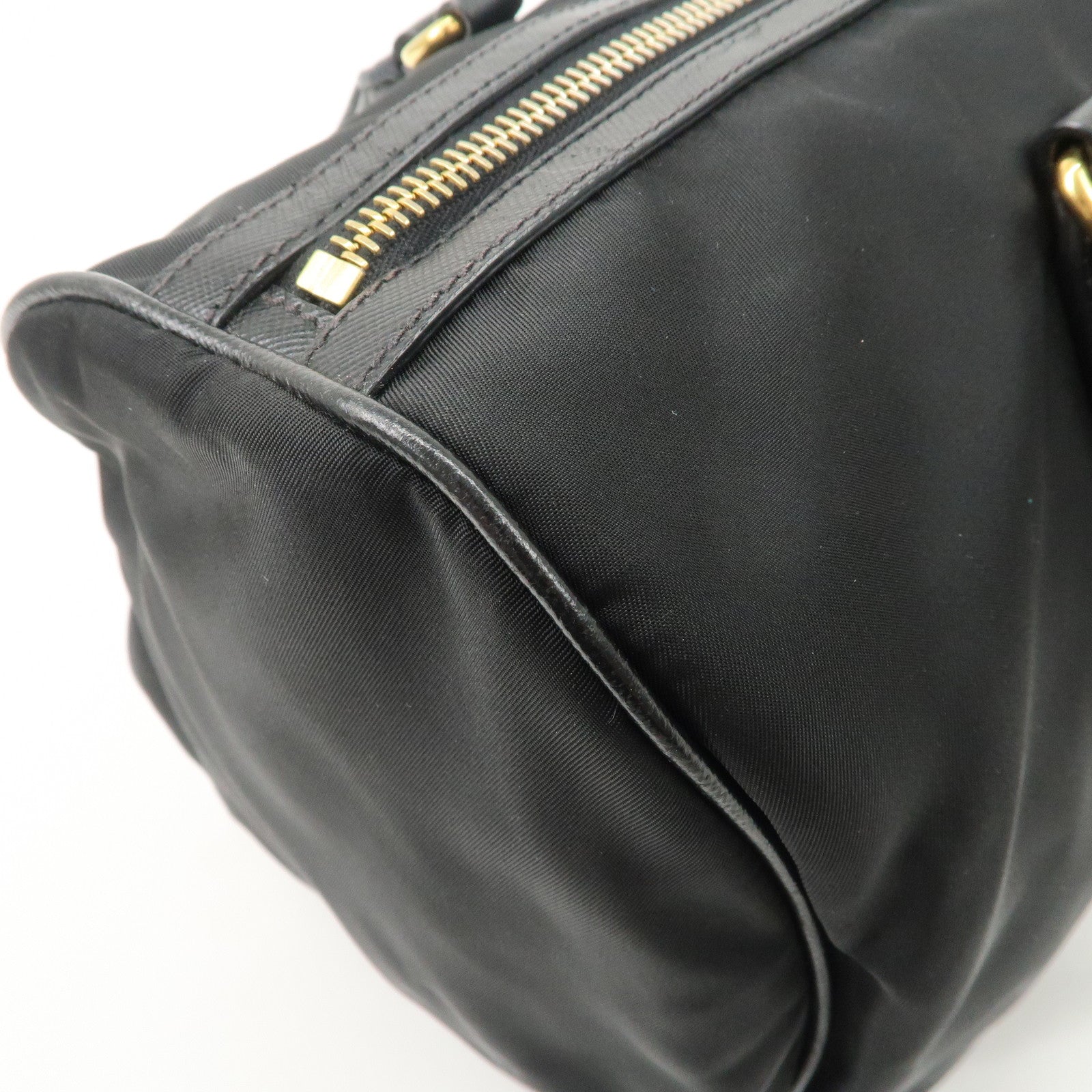 PPRADA Logo Nylon Leather Boston Bag Hand Bag Black Gold HDW Used