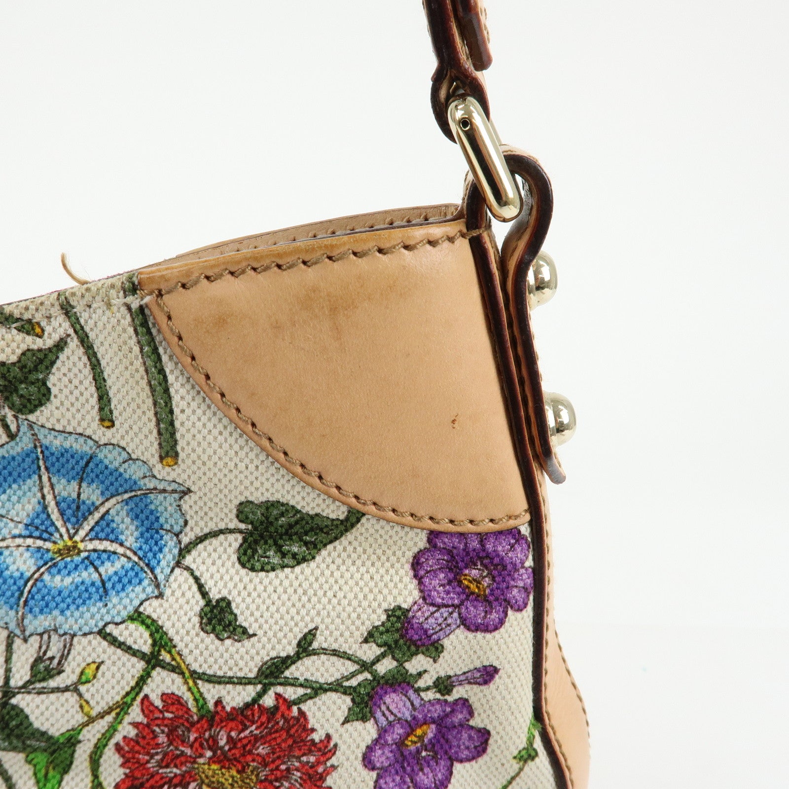 GUCCI Horsebit Flora Leather Canvas Shoulder Bag Beige White 137388