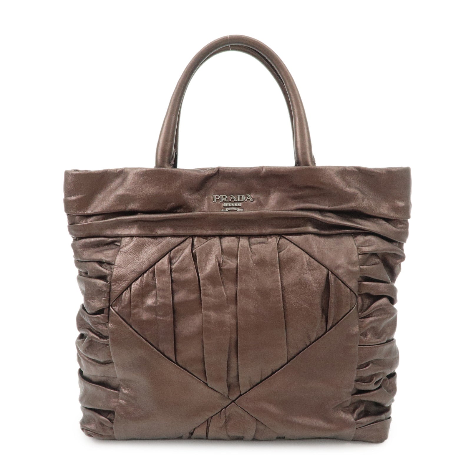 Prada Gathered Leather Tote Bag Hand Bag Bronze Silver HDW BN1719 Used