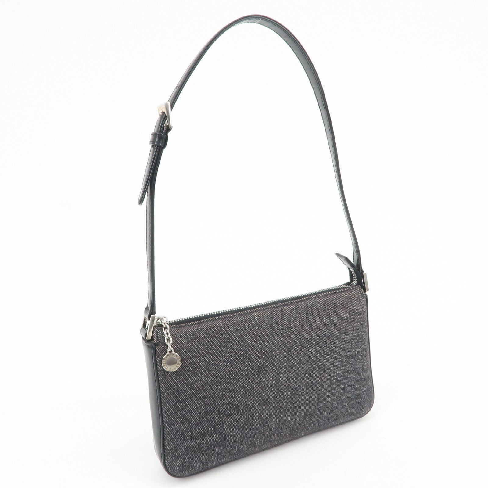 BVLGARI LOGO Mania Canvas Leather Shoulder Bag Hand Bag Black