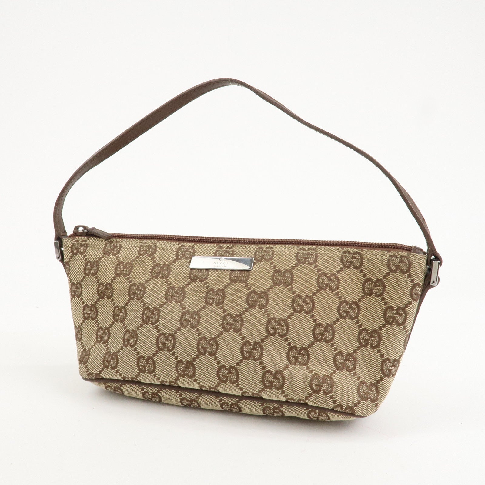 GUCCI GG Canvas Leather Bag Hand Bag Pouch Beige Brown 07198 Used