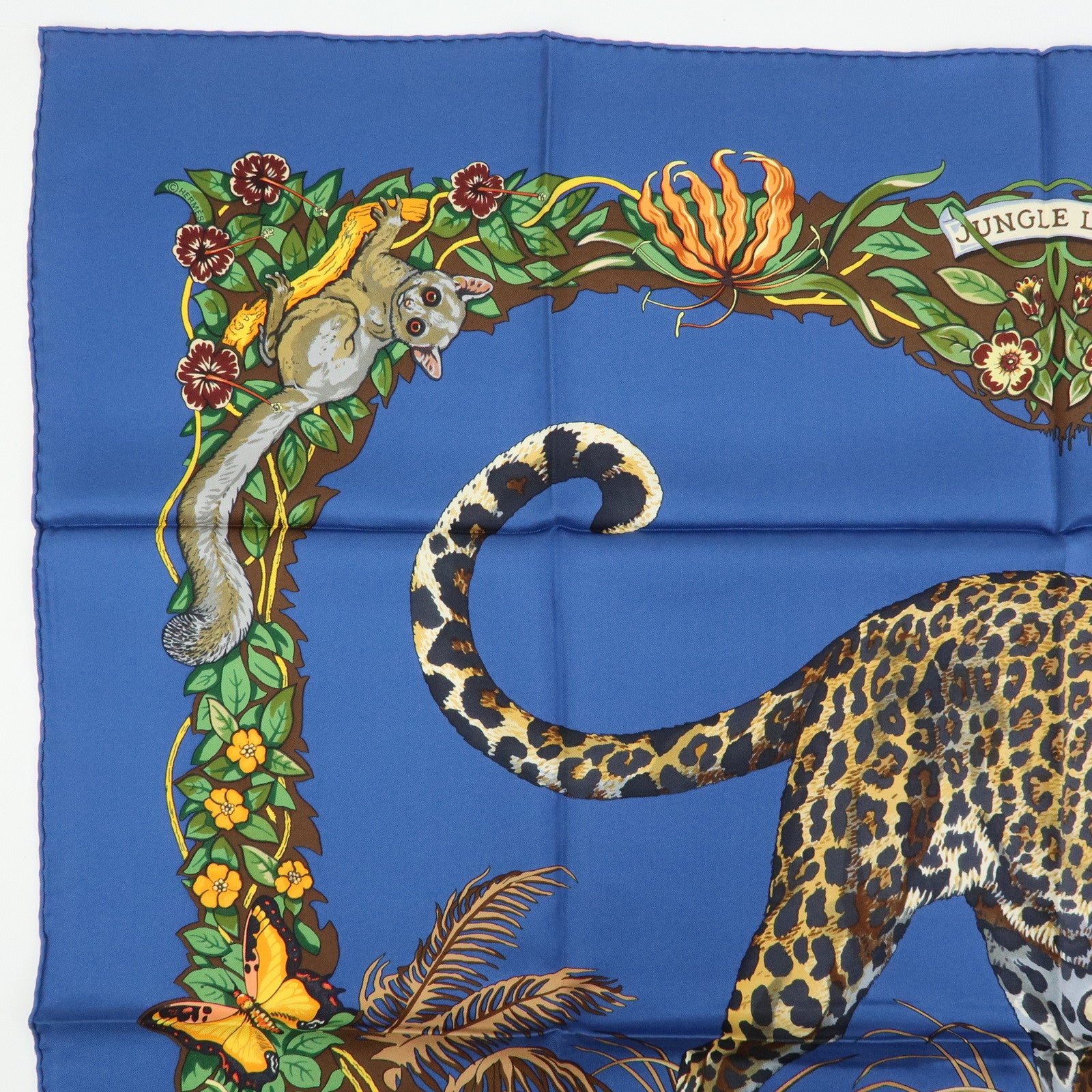 HERMES Carre 90 Silk 100% Scarf JUNGLE LOVE Navy Brown Green