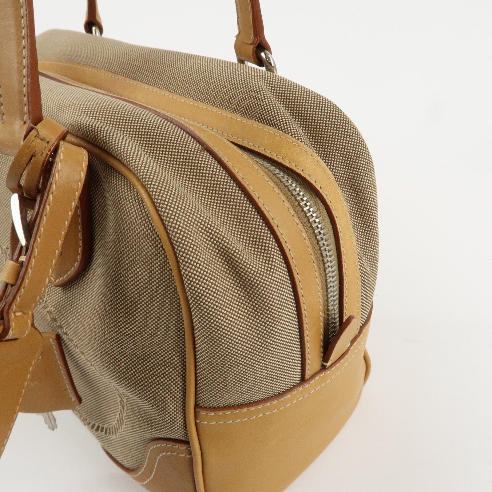 PRADA Logo Jacquard Leather Boston Bag Shoulder Bag Beige Used