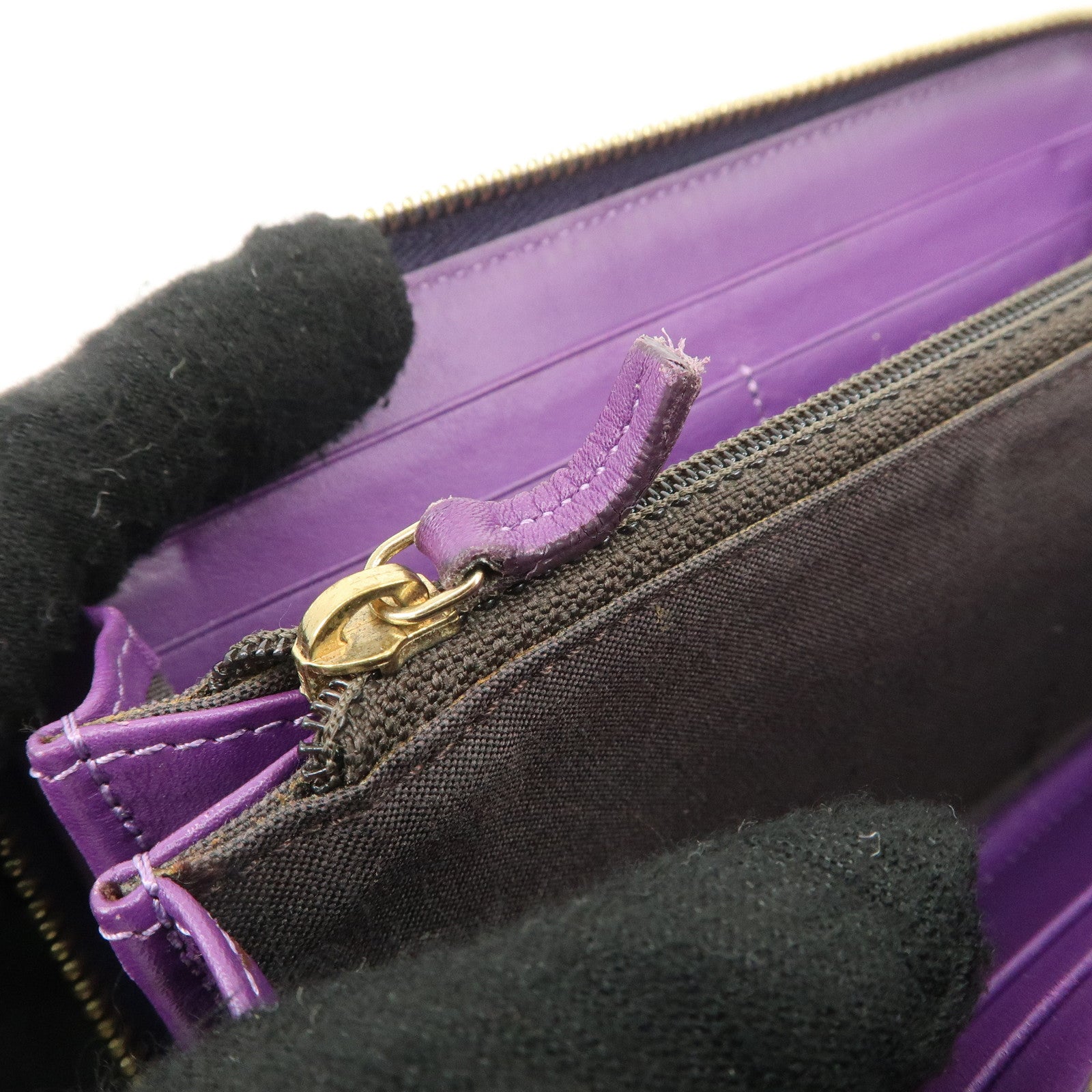 FENDI Zucchino Canvas Leather Round Zippy Long Wallet Brown Purple 8M0024 Used