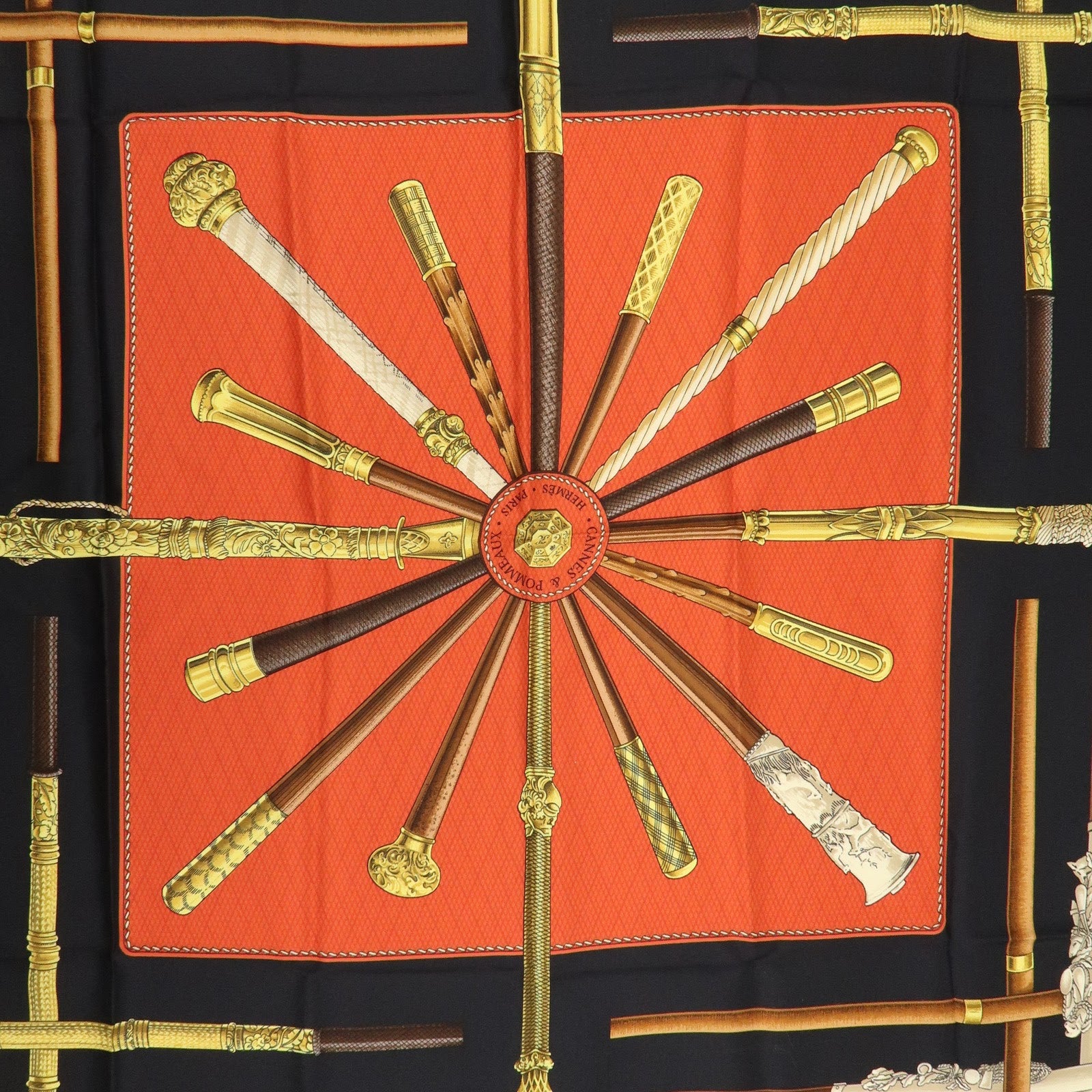 HERMES Carre 90 Silk 100% Scarf CANNES ET POMMEAUX Black Red Brown