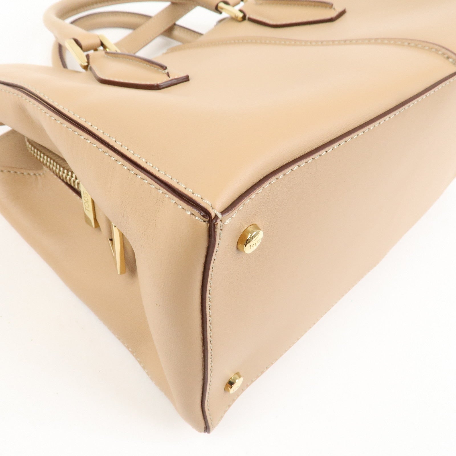 TOD’S Leather 2Way Bag Hand Bag Shoulder Bag Beige Gold