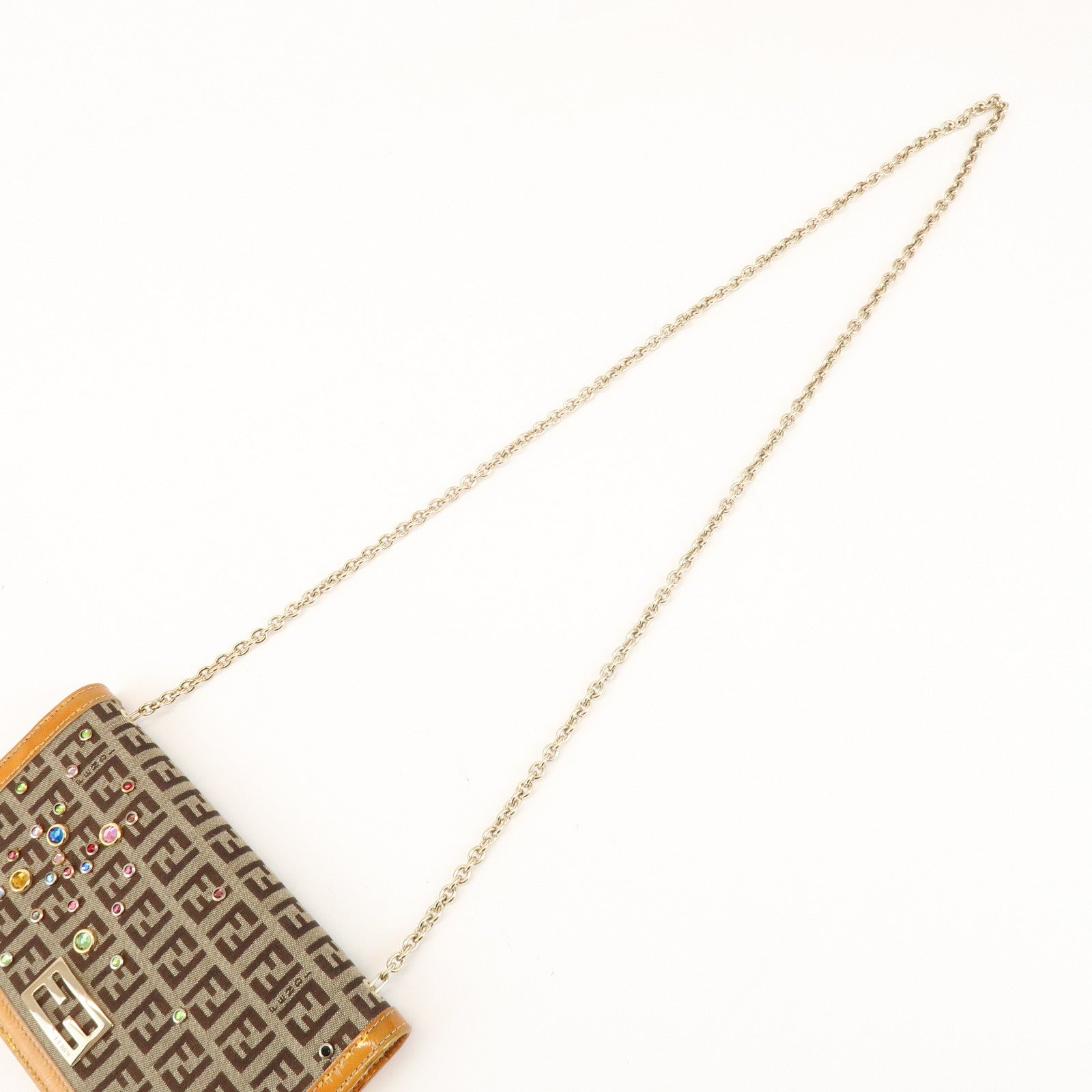 FENDI Zucchino Canvas Leather Chain Long Wallet Brown Gold 8M0219