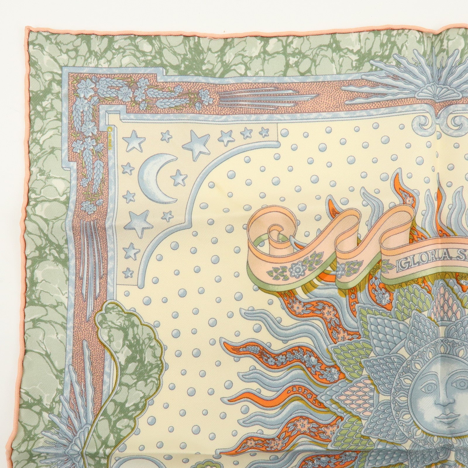 HERMES Carre 40 Silk 100% GLORIA SOLI Scarf Ivory Green Multicolor