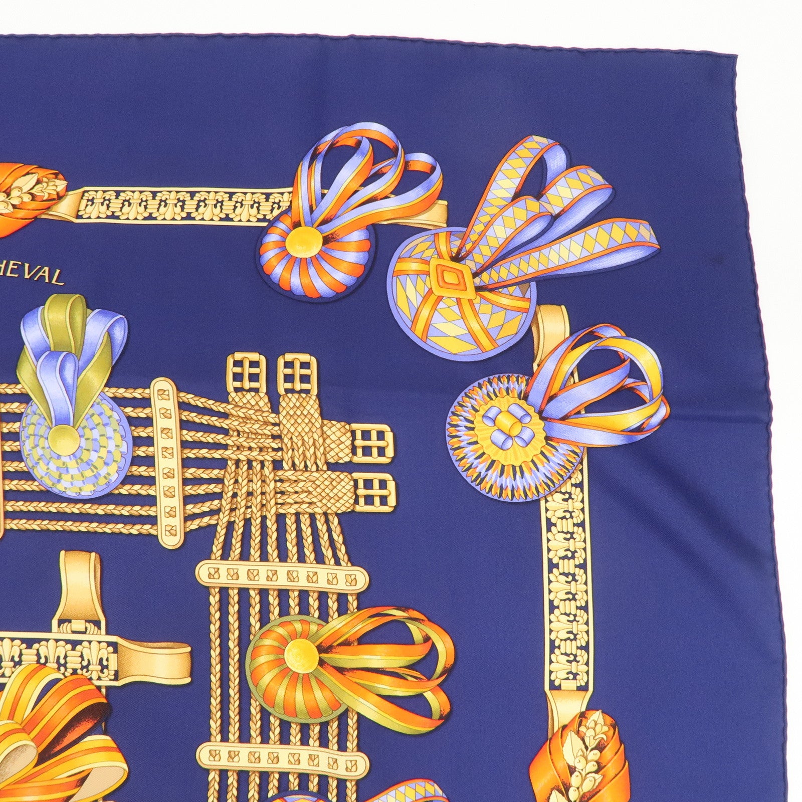HERMES Carre 90 LES RUBANS DU CHEVAL Silk 100% Scarf Navy