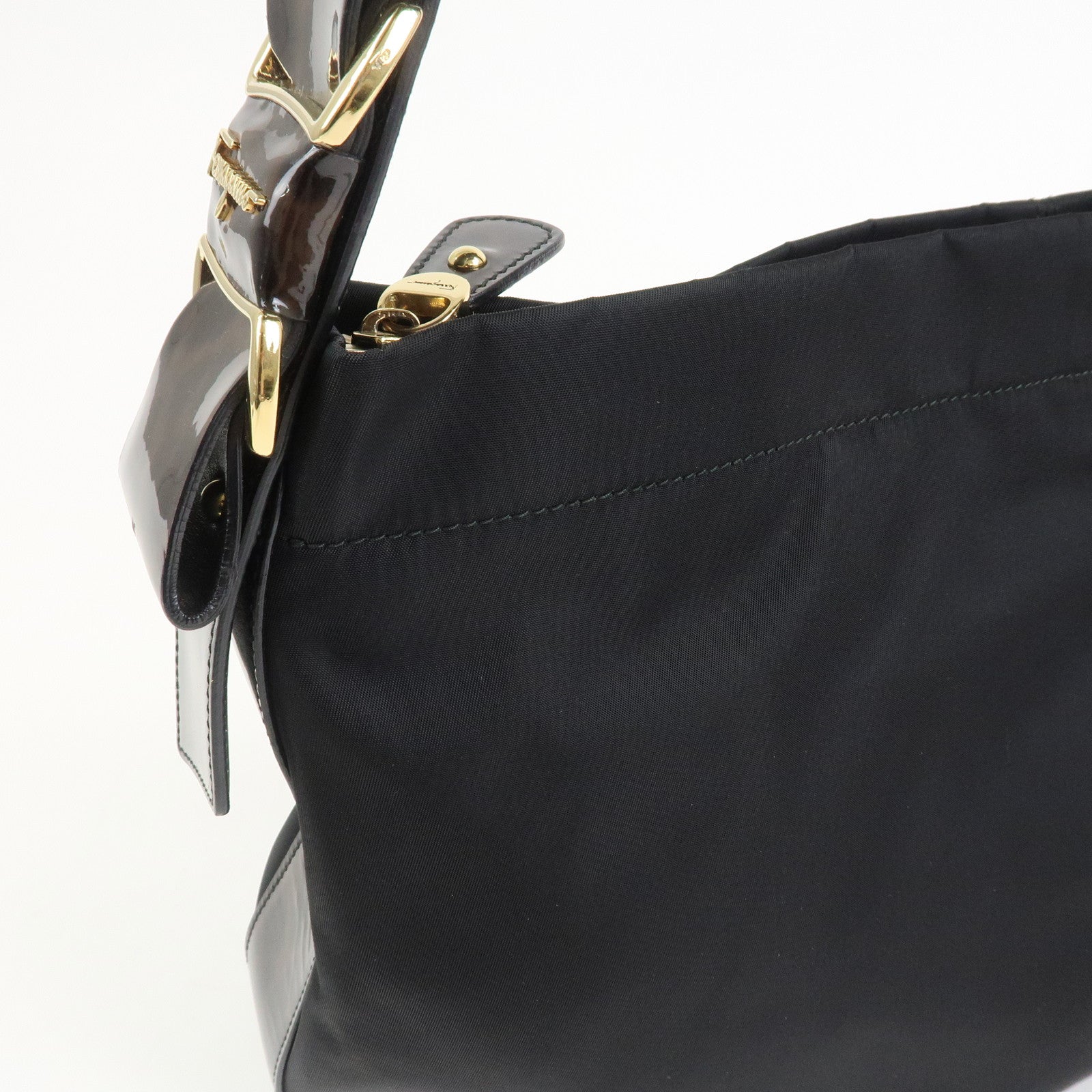 Ferragamo Nylon Patent Leather Shoulder Bag Hand Bag Leopard Black