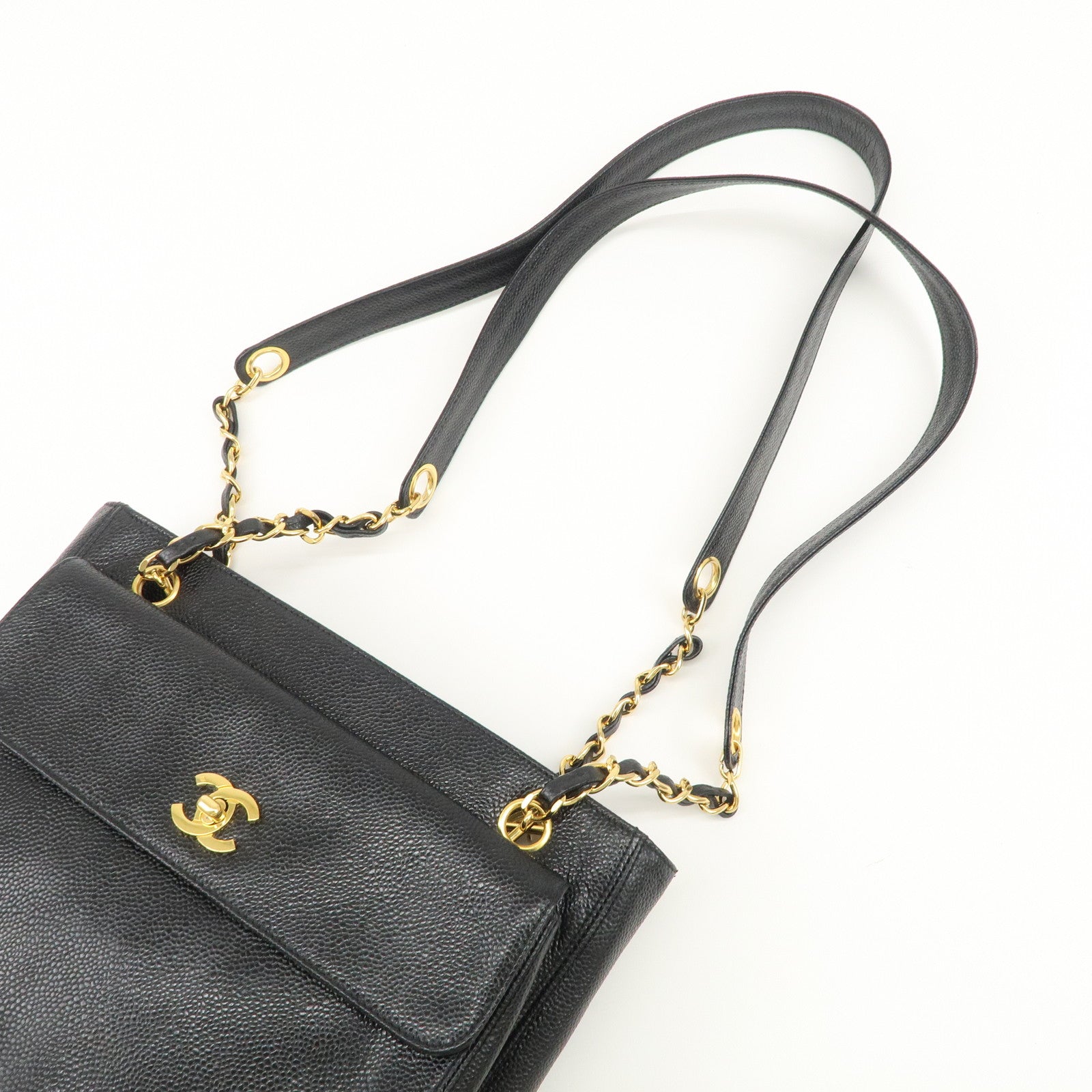 CHANEL COCO Mark Caviarskin Chain Tote Bag Black Used