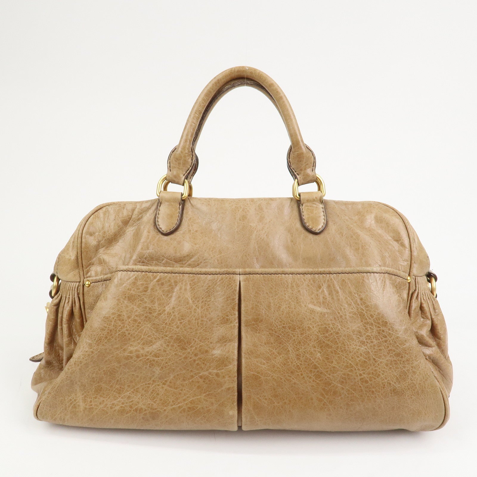 MIU MIU Logo Leather Hand Bag Boston Bag Light Brown