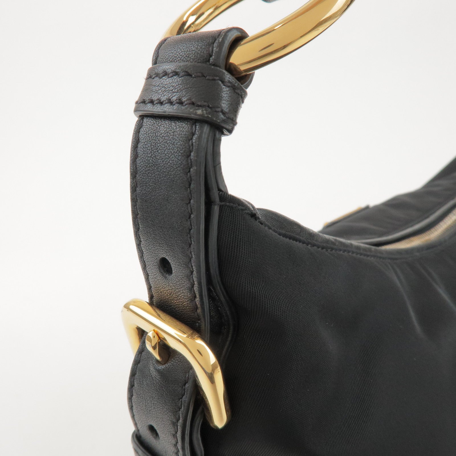 PRADA Triangle Logo Nylon Leather Shoulder Bag Black