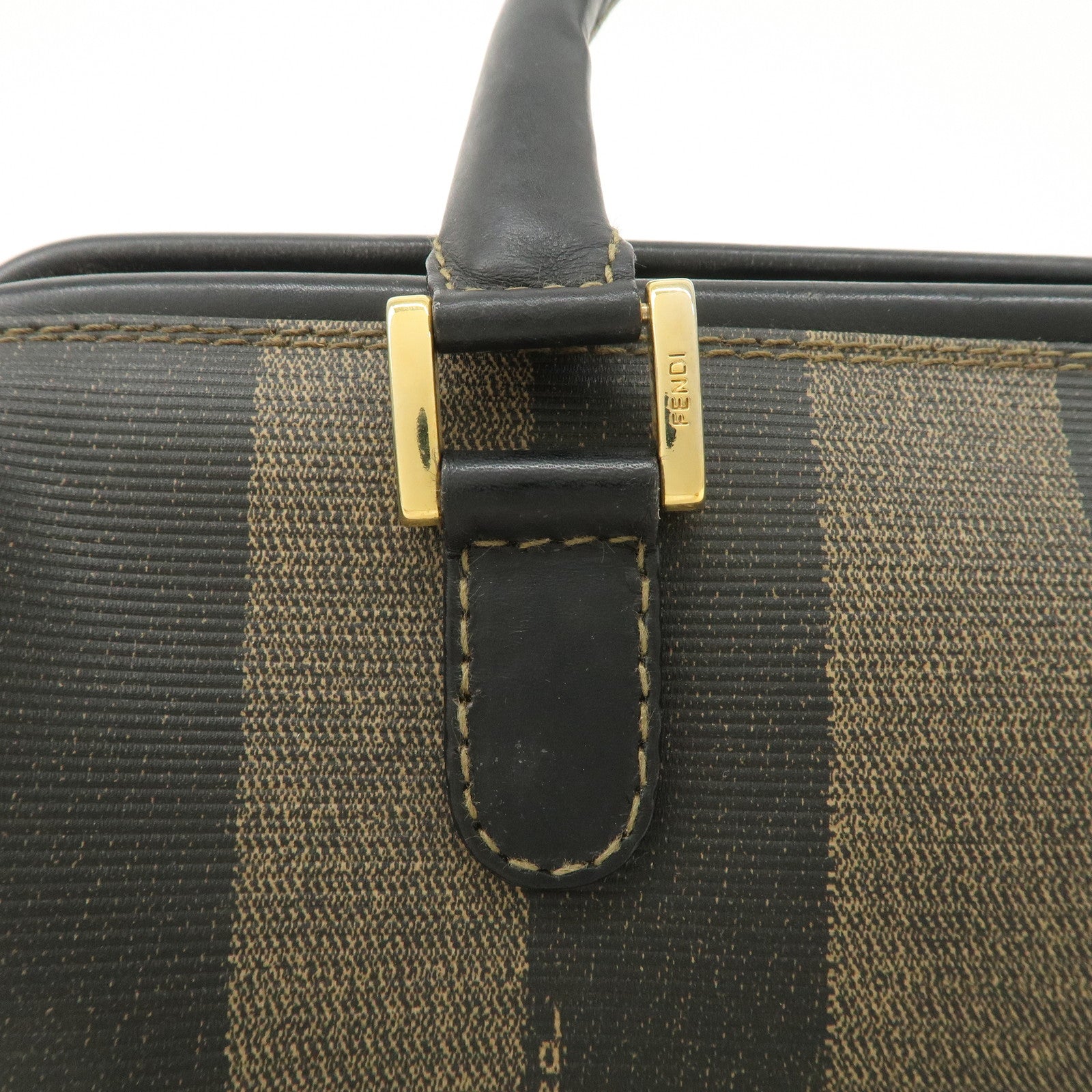 FENDI Pequin PVC Canvas Hand Bag Boston Bag Black Brown Used