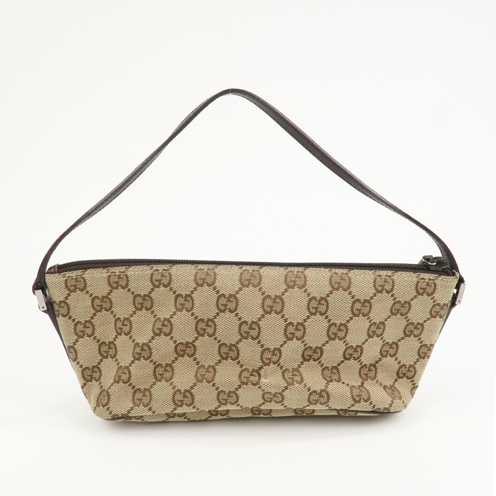 GUCCI Boat Bag GG Canvas Leather Hand Bag Pouch Beige Brown 07198