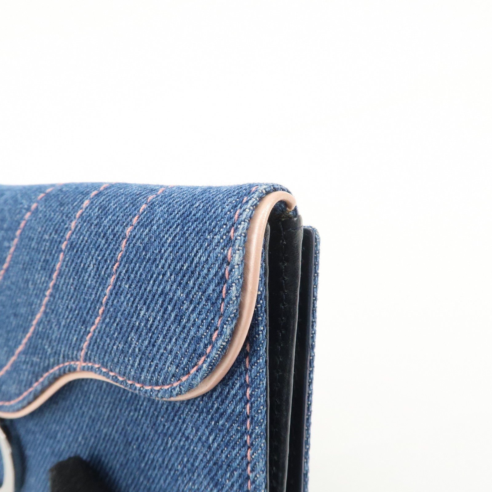 Christian Dior Saddle Lotus Wallet Denim Blue Pink Silver GDW Used