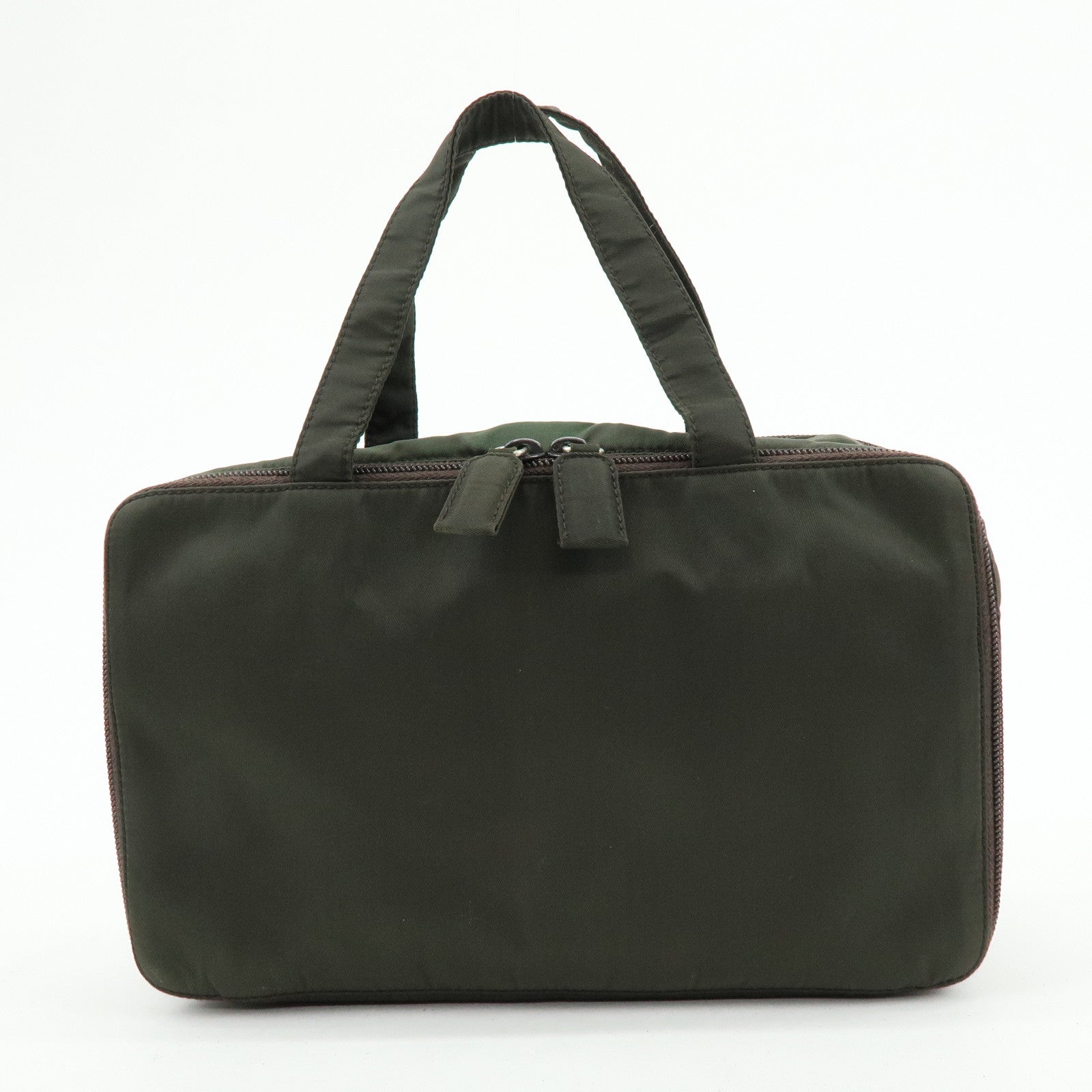 PRADA Triangle Logo Nylon Leather Hand Bag Cosmetic Case Khaki