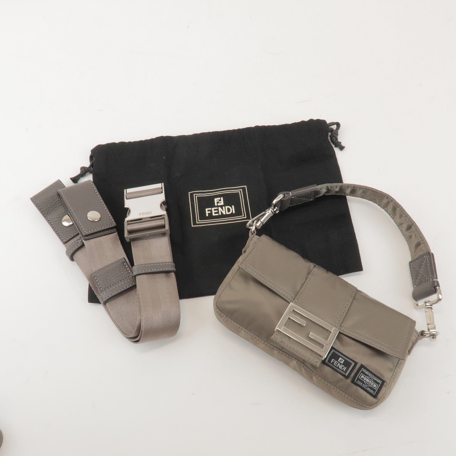 FENDI × PORTER Nylon Leather Baguette Mini 2WAY Bag Grey 7AS138