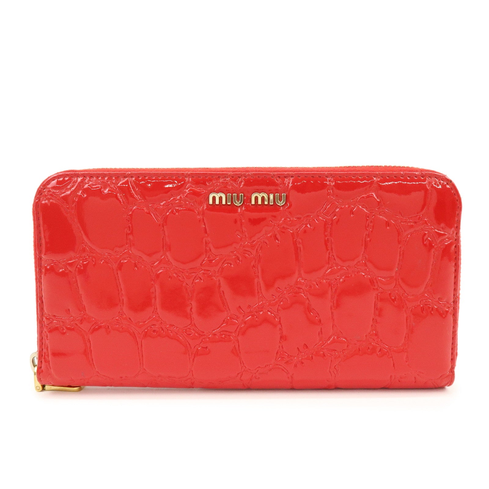 MIU MIU Patent Embossed Leather Round Zippy Long Wallet Red 5ML506